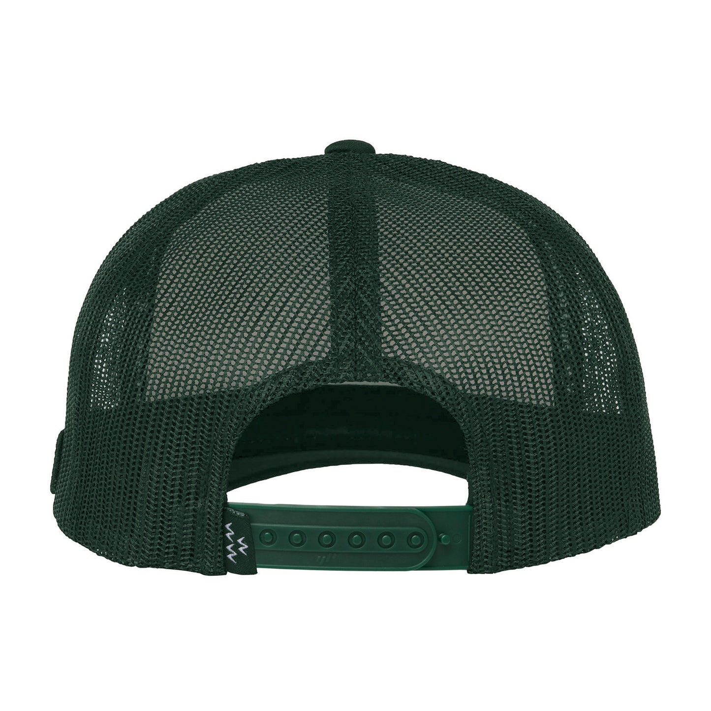 Back of a dark green snapback hat featuring a mesh back panel and an adjustable plastic closure.