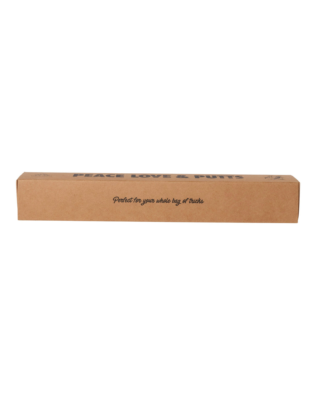 A brown cardboard box with black text reading Peace Love & Putts along the top edge and script text in the center.