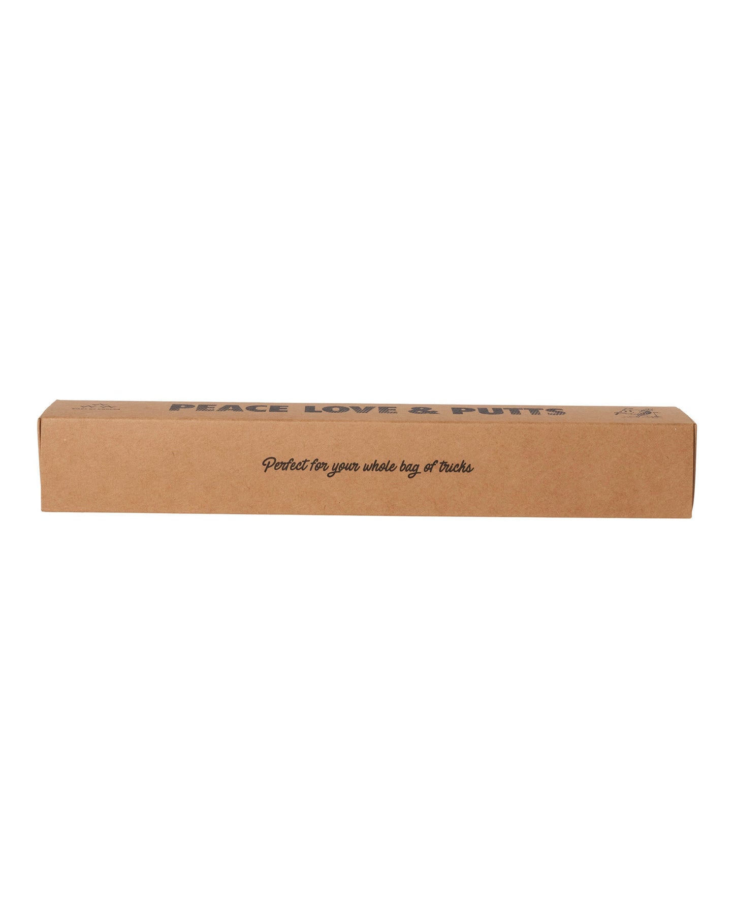 Brown cardboard box for the white putter grip, featuring black text that reads Peace Love & Putts.