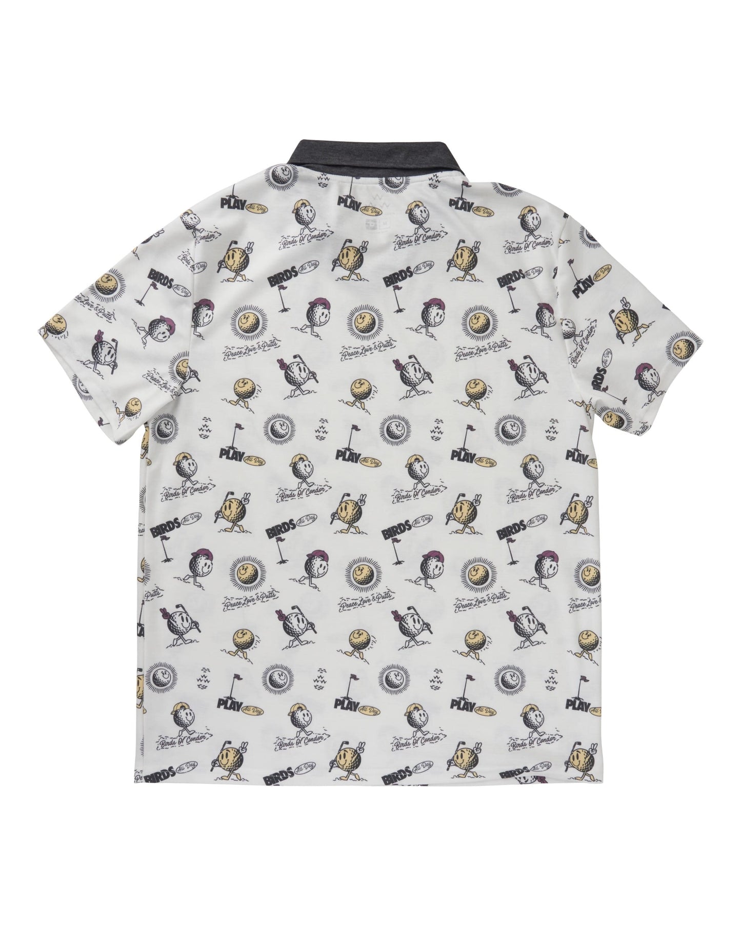 Back of a white polo shirt with an all-over golf-themed print and a contrasting dark collar.
