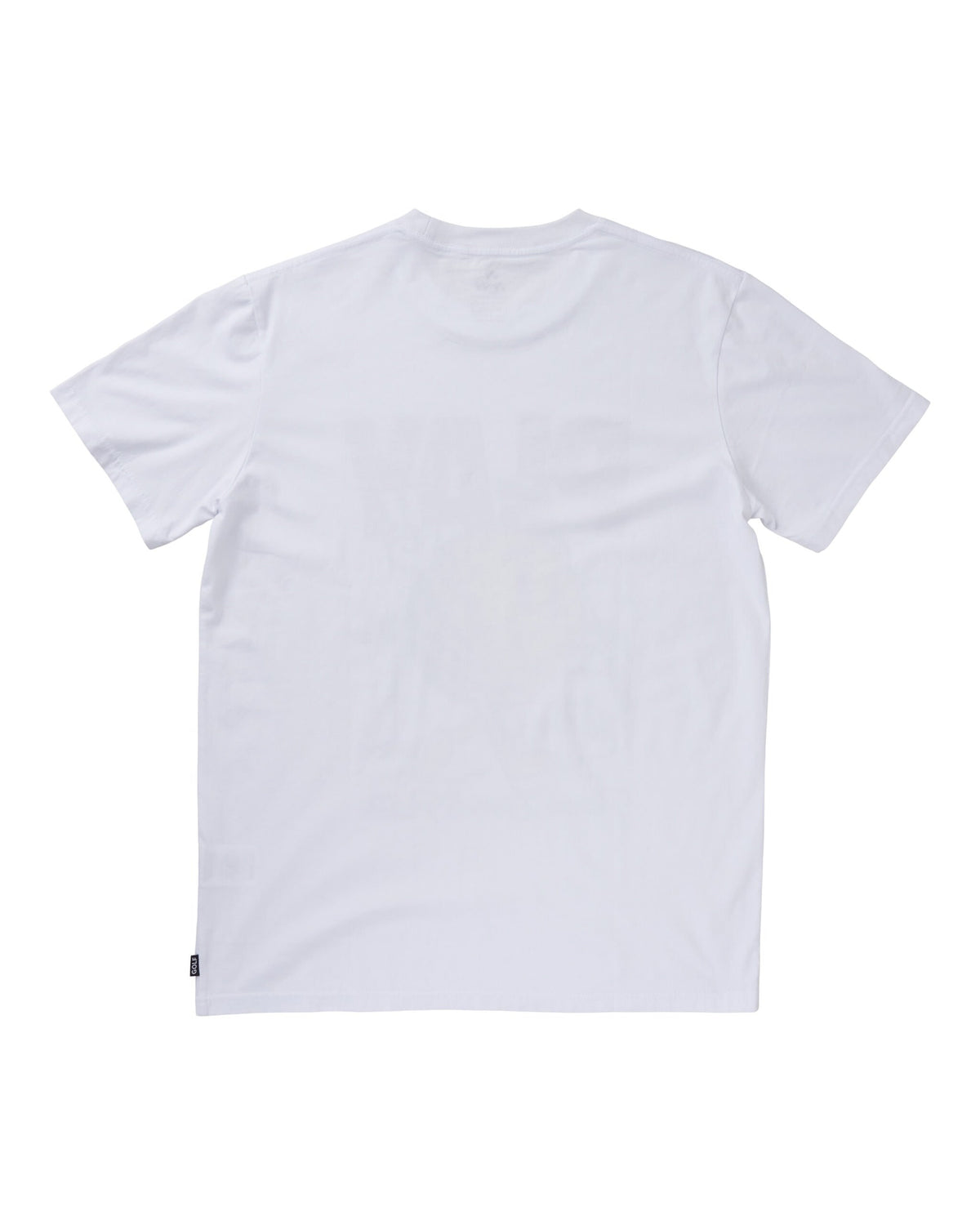 Back of a white crew neck t-shirt featuring a faint graphic block print and a small hem tag.