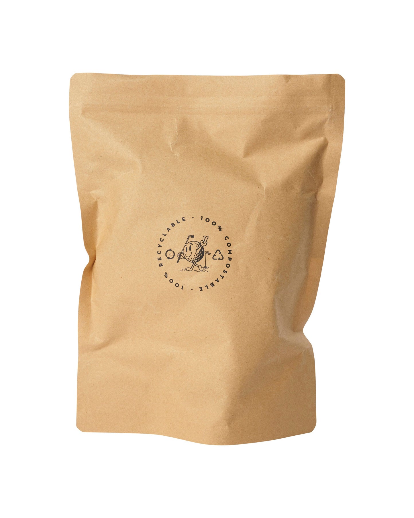 Brown recyclable packaging bag with a circular graphic featuring a walking golf ball character.