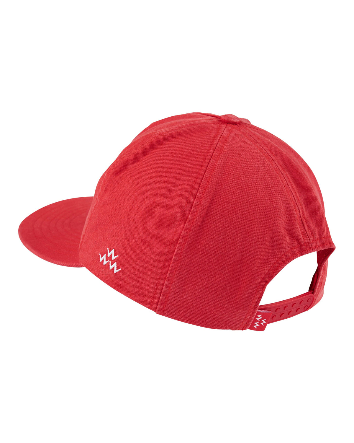 Back of a red enzyme-washed unstructured 5-panel hat with a soft peak brim and double-plug snapback closure.