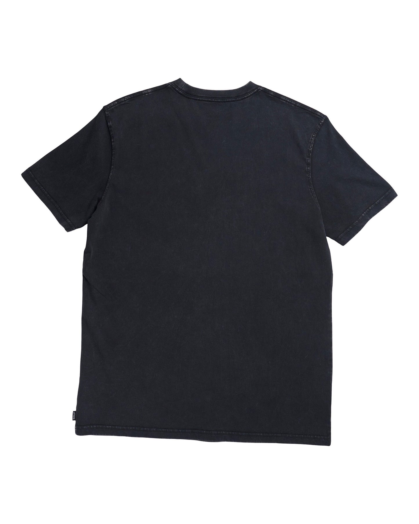 Back of a black stonewash t-shirt with short sleeves, a crew neck, and a plain solid finish.