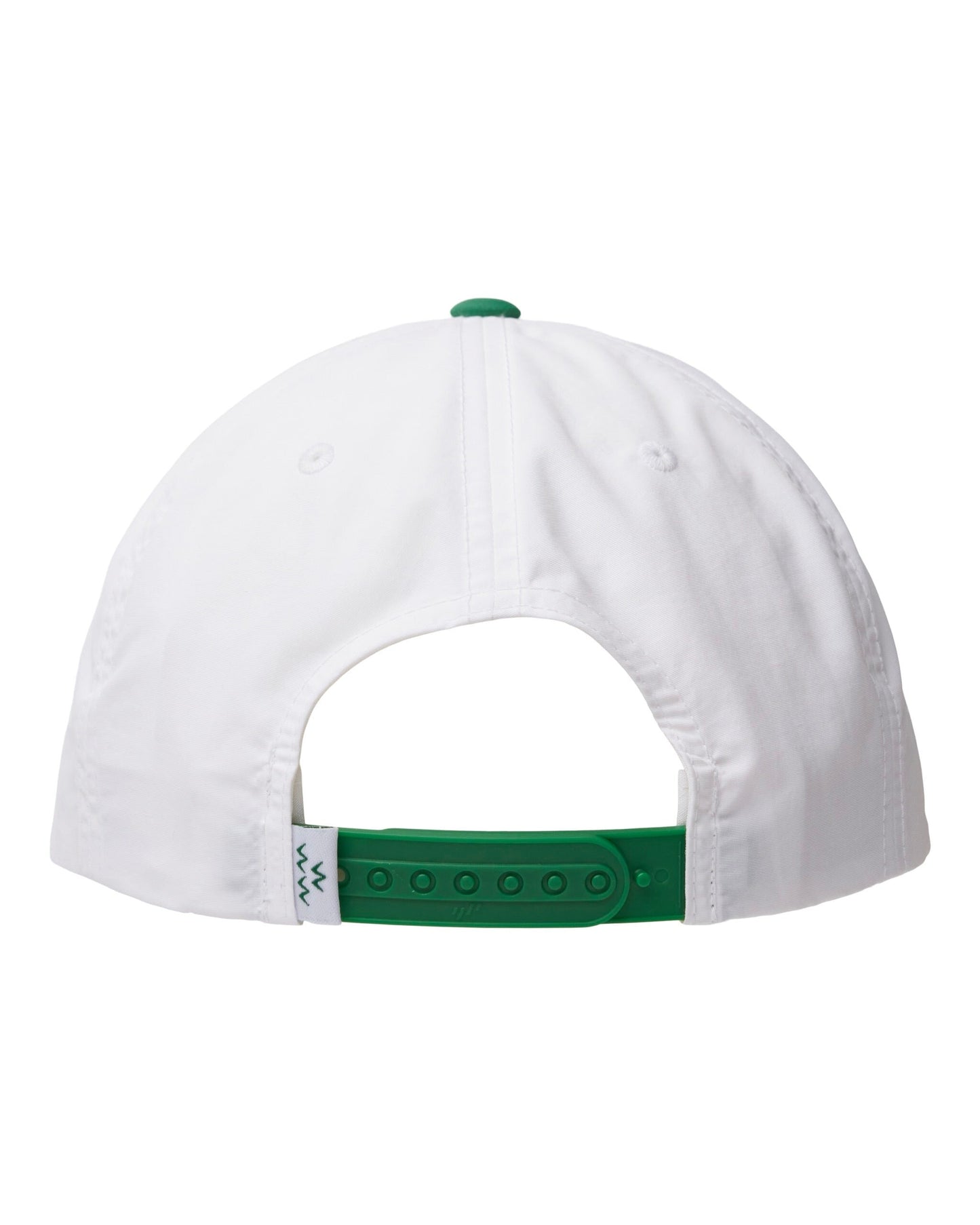 Back of a white five-panel nylon snapback cap featuring a green adjustable strap and top button.