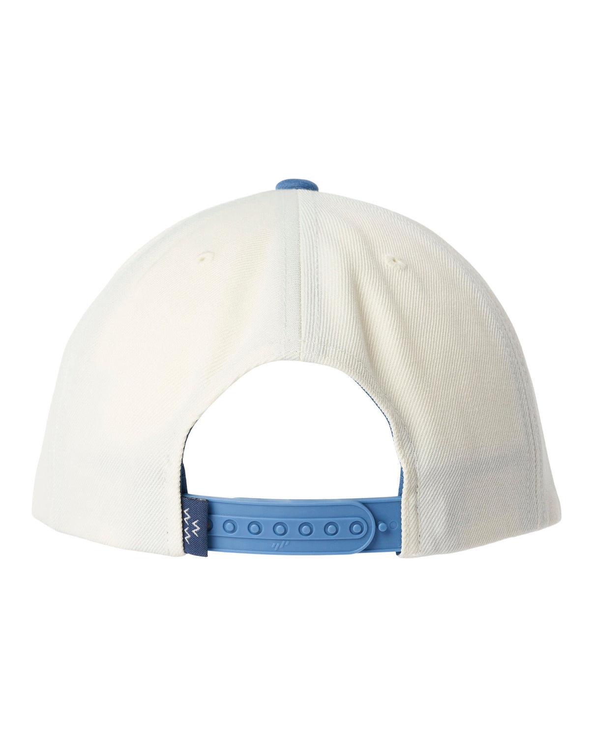Back of an off-white snapback headwear featuring a blue plastic strap and matching top button.