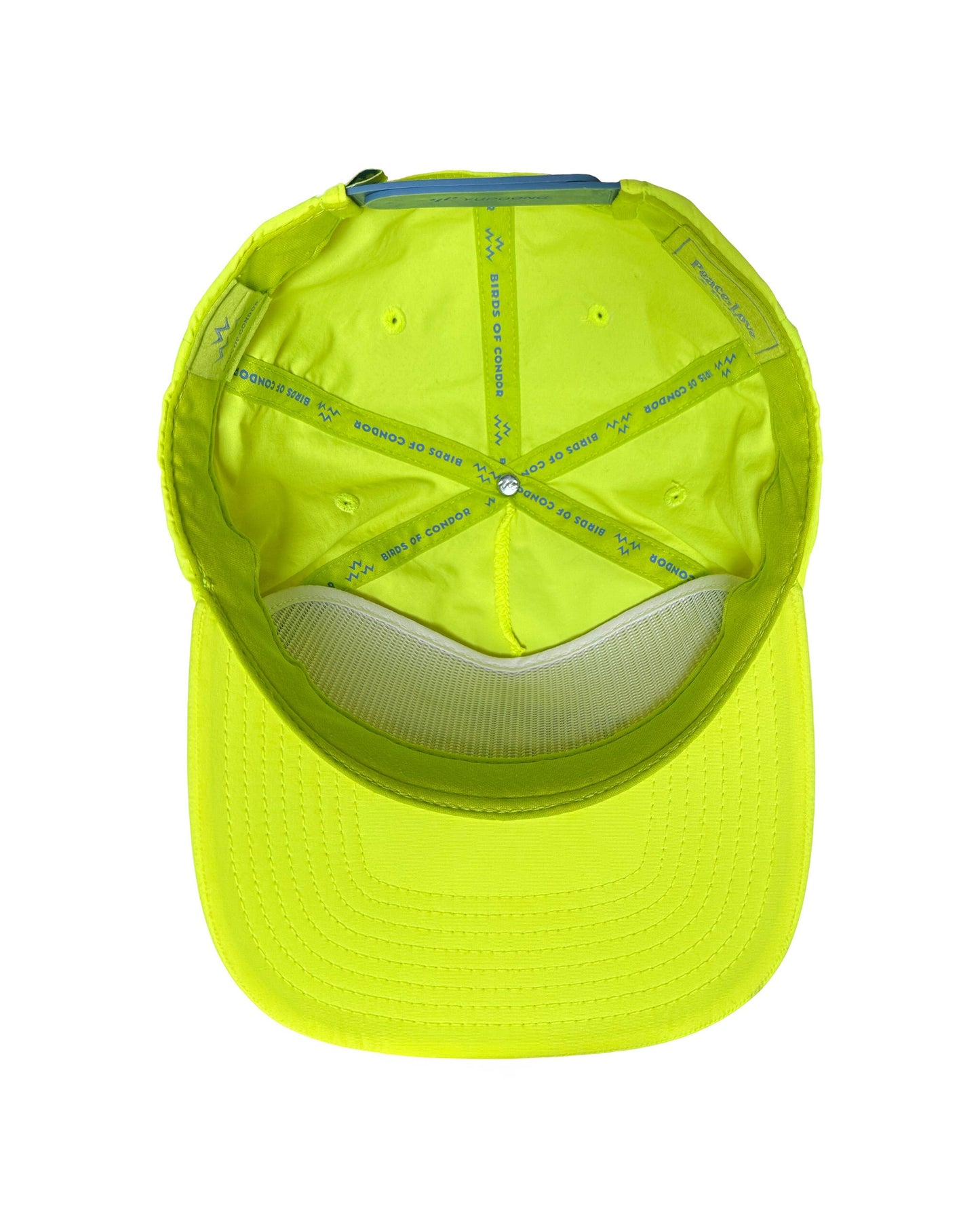Inside view of a lime snapback showing the branded seam tapes and white front panel reinforcement.