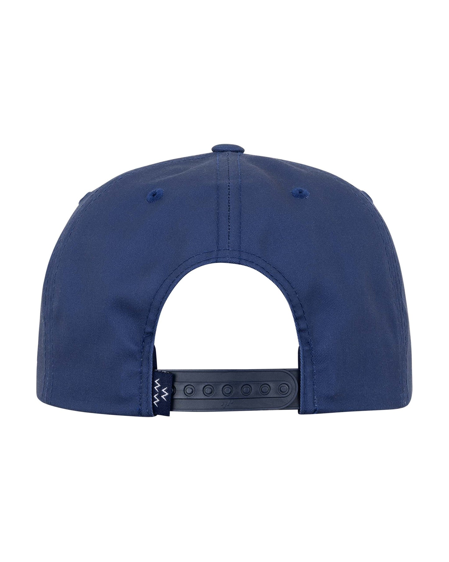 Back of a navy snapback cap featuring an adjustable strap and a small embroidered brand tag.