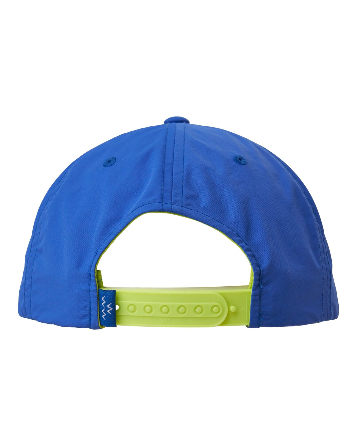 Back of a blue nylon snapback cap featuring a contrasting fluoro green adjustable strap and a small woven label.