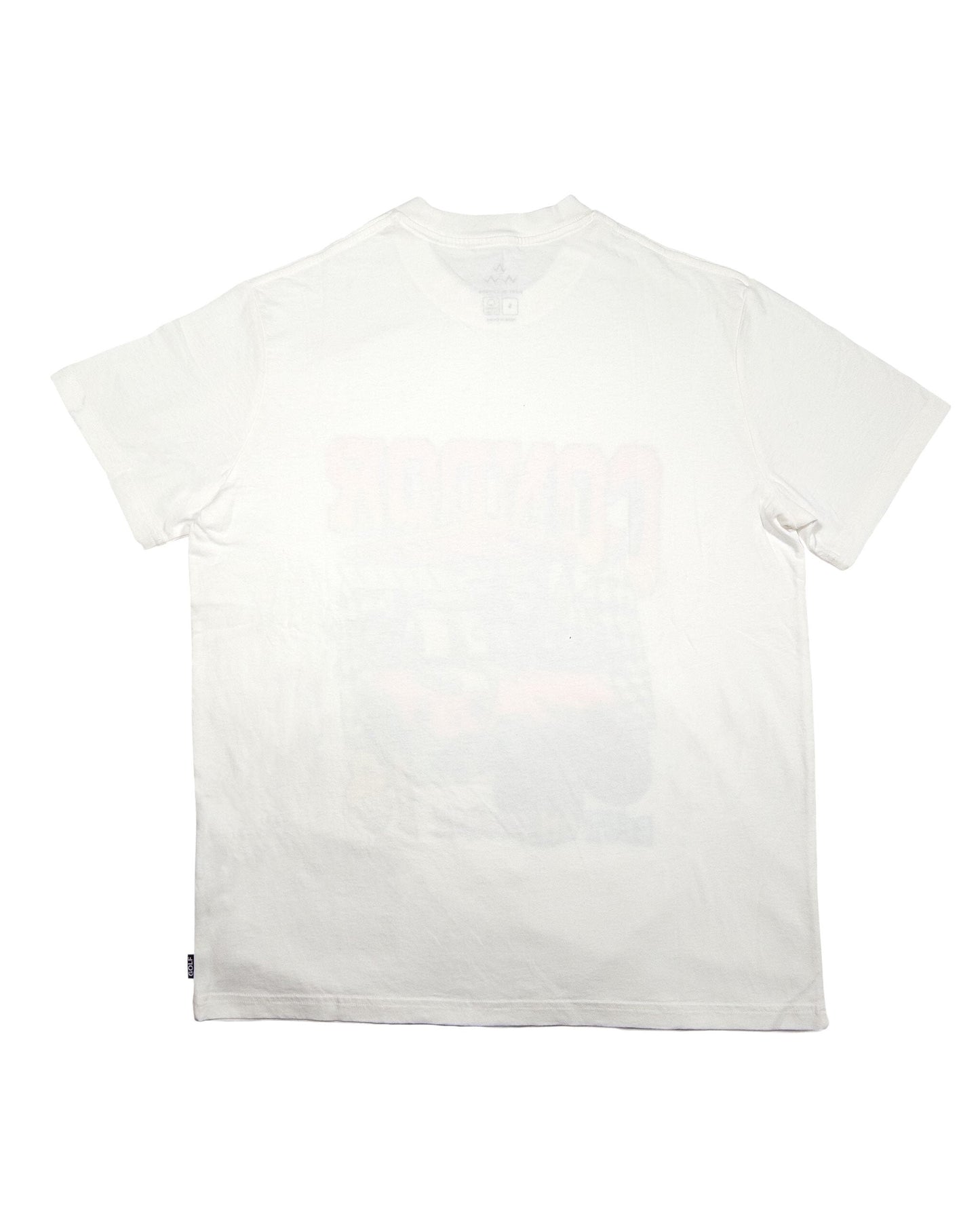 Back of a white t-shirt featuring a faint retro Condor 5000 print visible through the fabric.