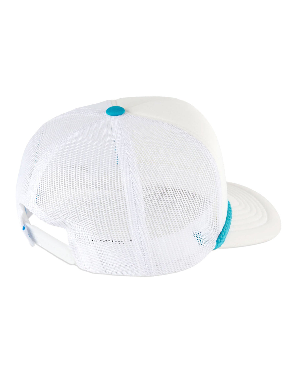 Back of a white trucker hat featuring mesh side panels, a turquoise top button, and a matching rope trim.