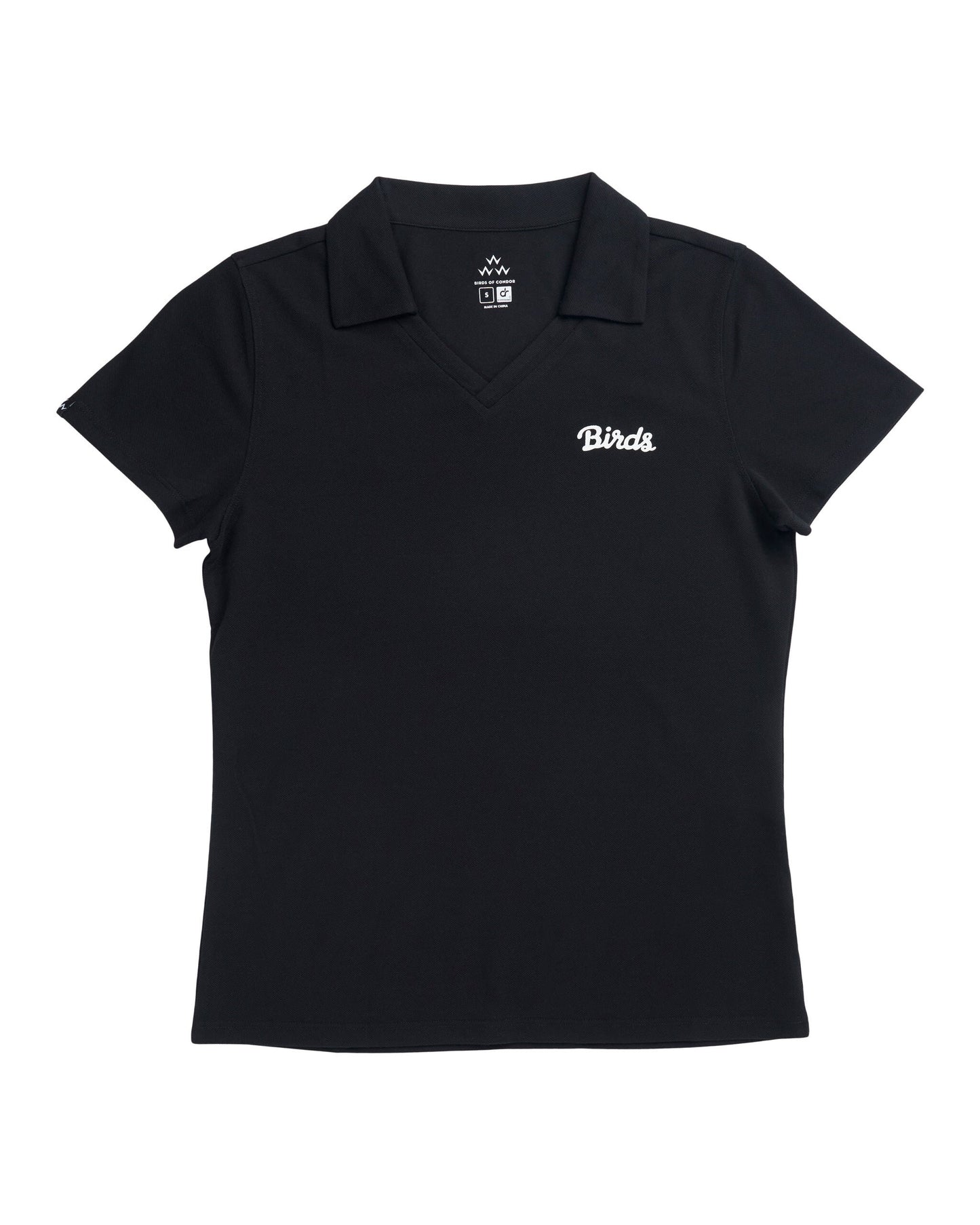 Front of a black V-neck polo shirt featuring a white cursive Birds logo printed on the left chest.