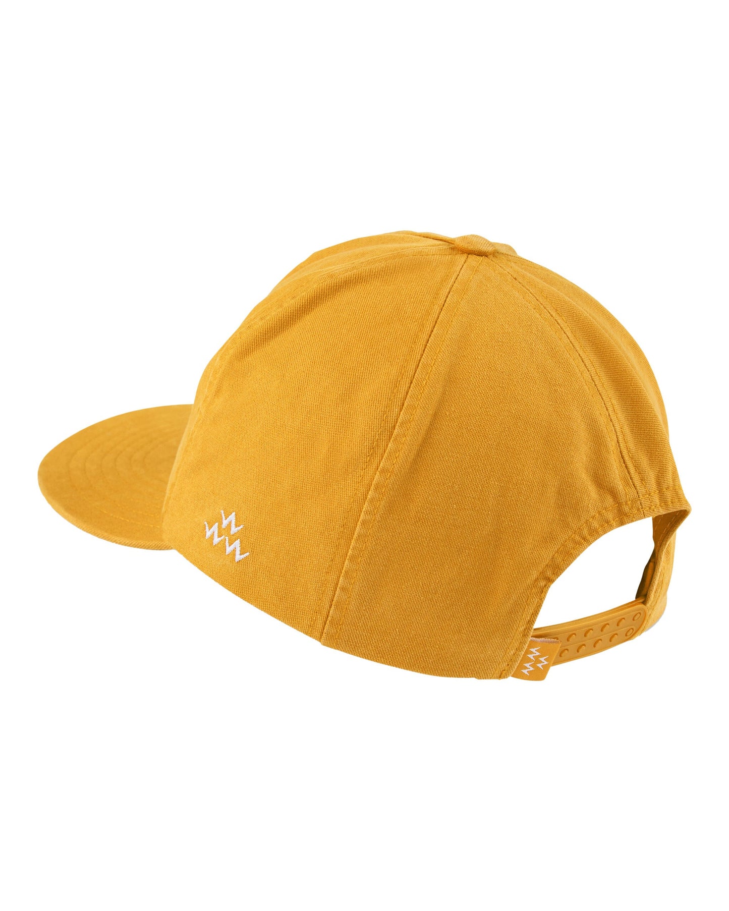 Back of a mustard yellow five-panel cap with a soft peak and a small white zigzag logo.
