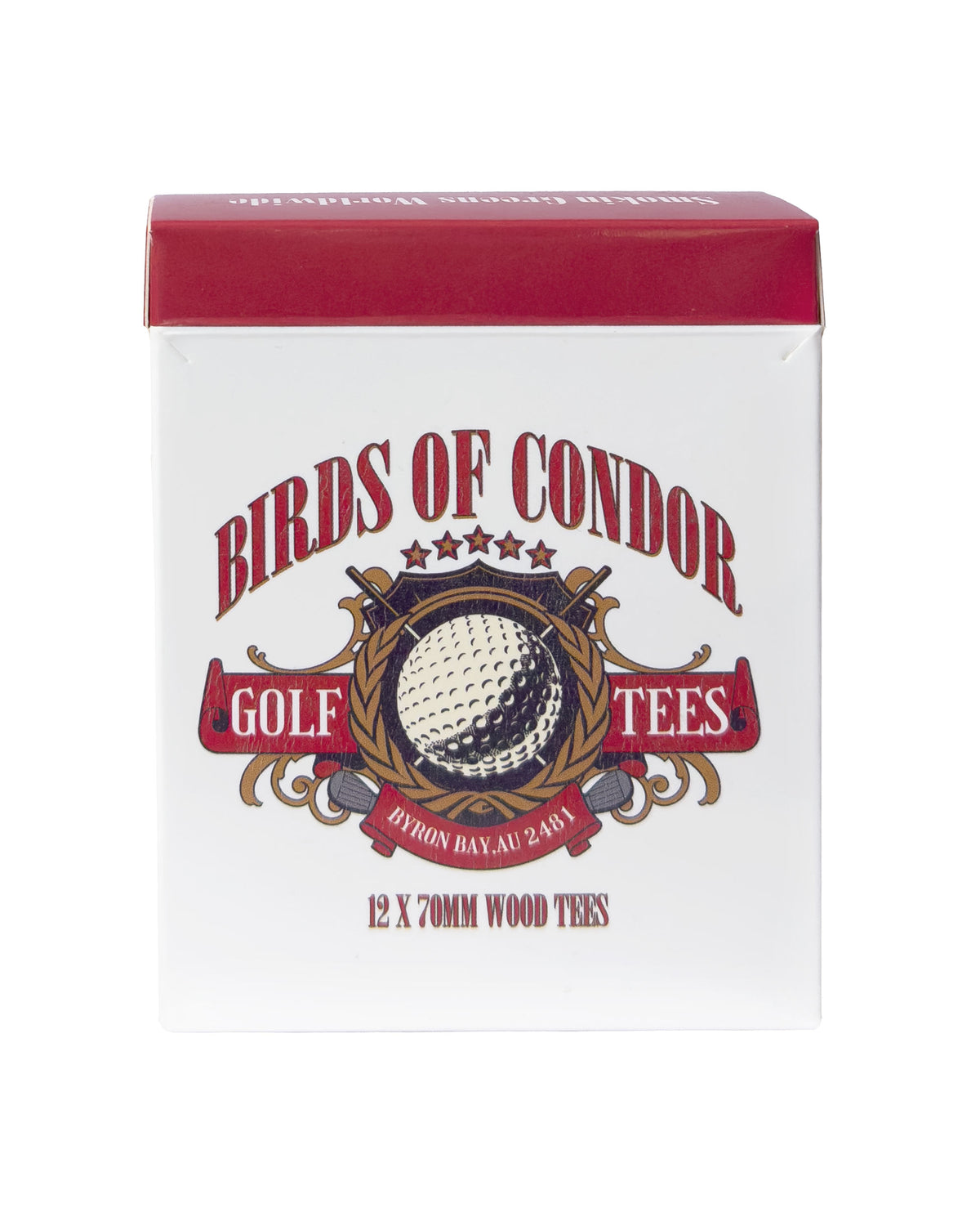 A white golf tees box with red lid, featuring a vintage graphic of a golf ball, crossed tees, and text.