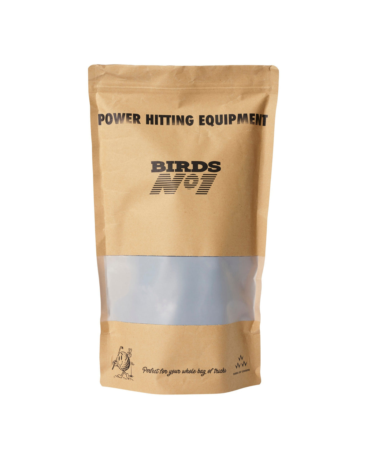 Brown paper packaging pouch featuring black text and graphics, with a transparent window revealing the black headcover.