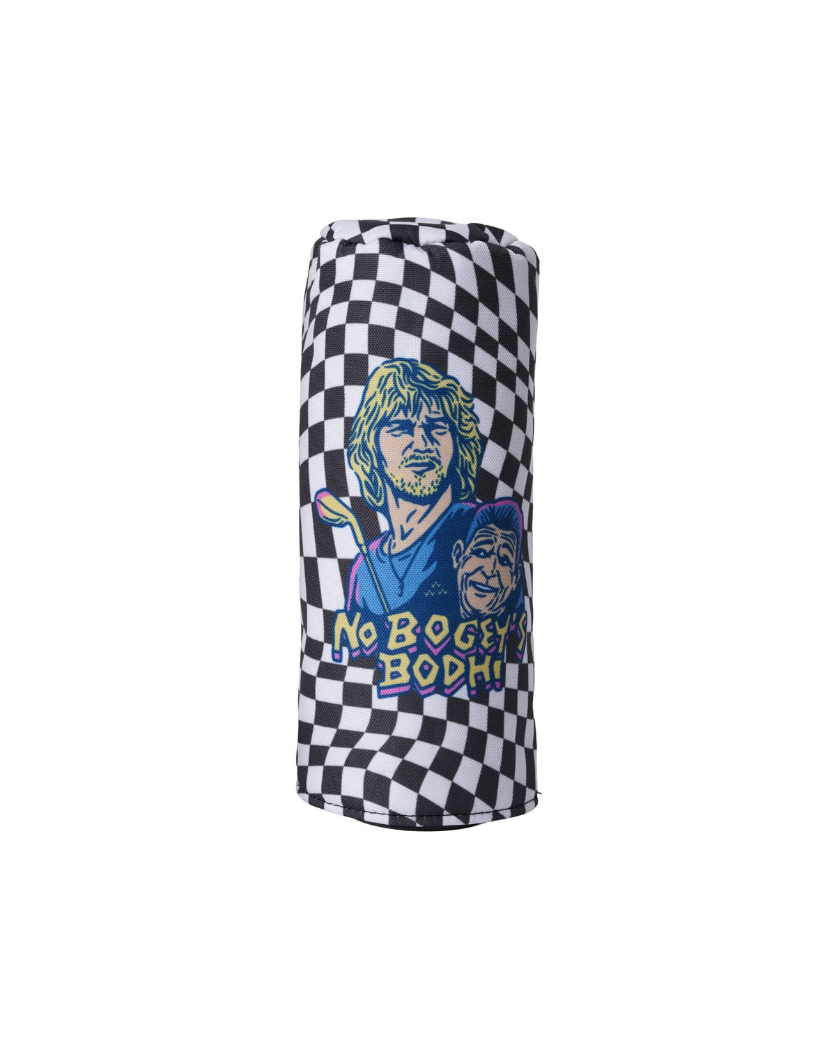 Black and white checkered golf headcover featuring a colorful graphic of two men and the text No Bogey's Bodhi.