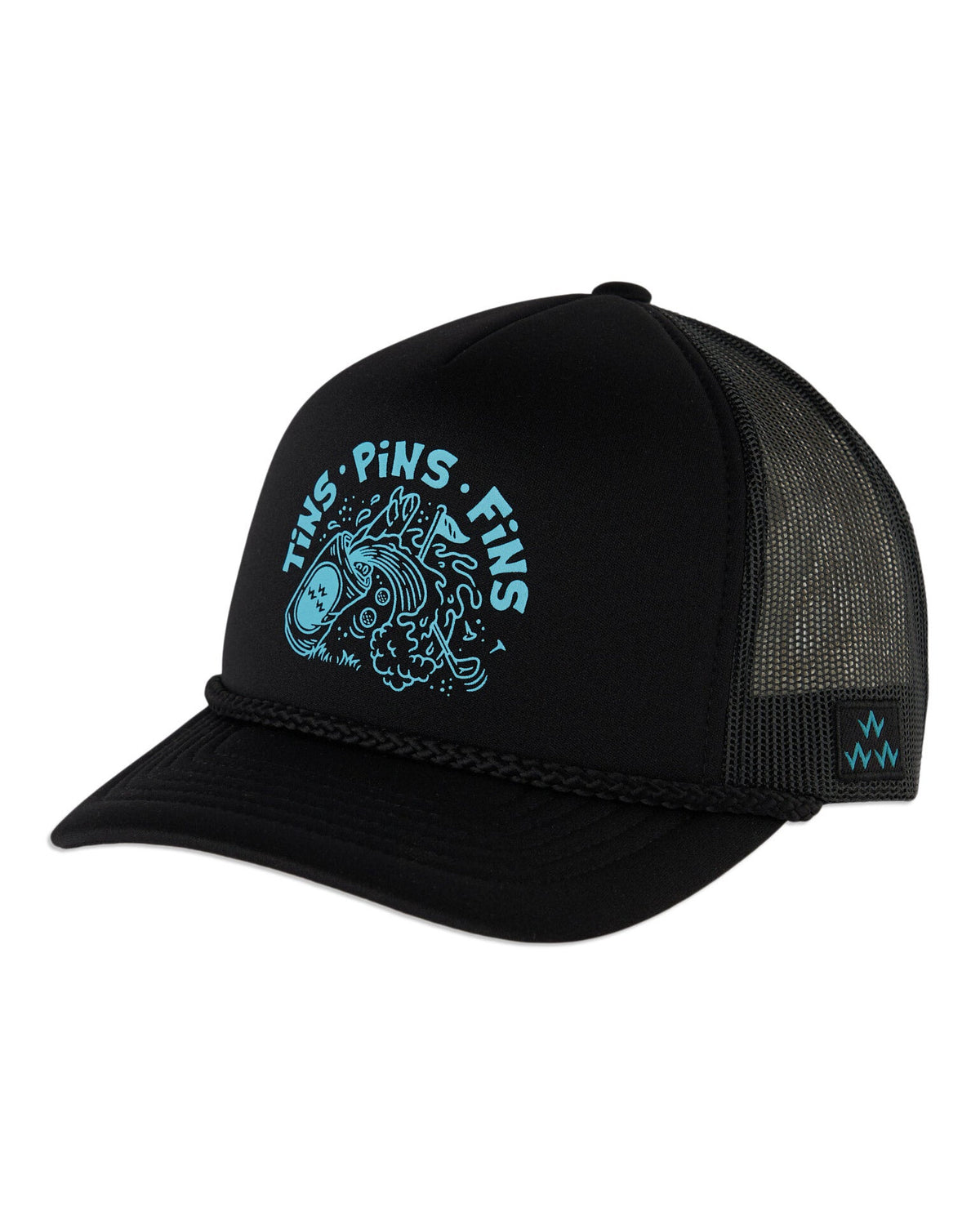 birds-of-condor-black-blue-tins-pins-fins-mesh-back-trucker-golf-surf-snapback-hat-front