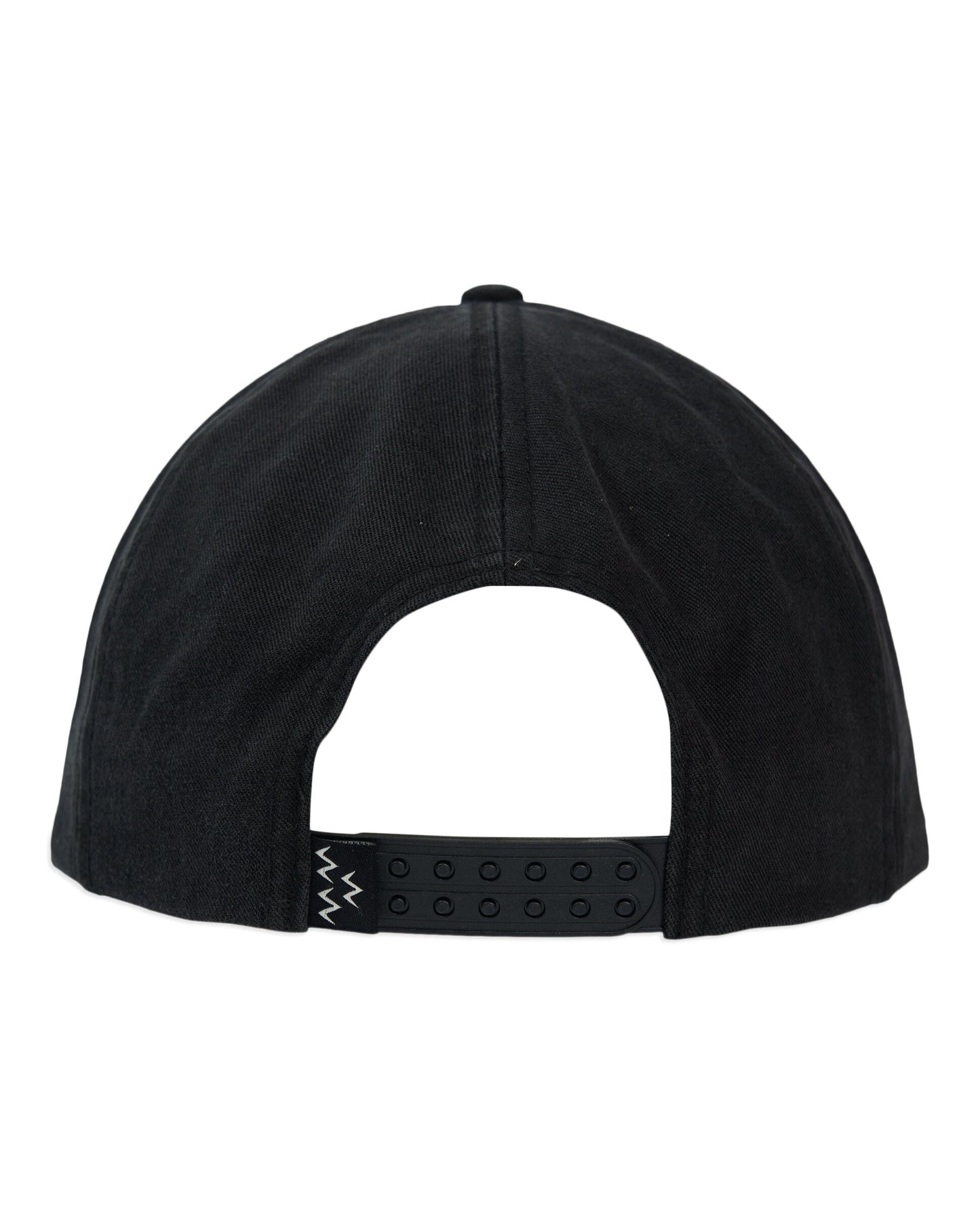 Back of a black cap with an adjustable double-plug strap closure and a small chevron graphic label.