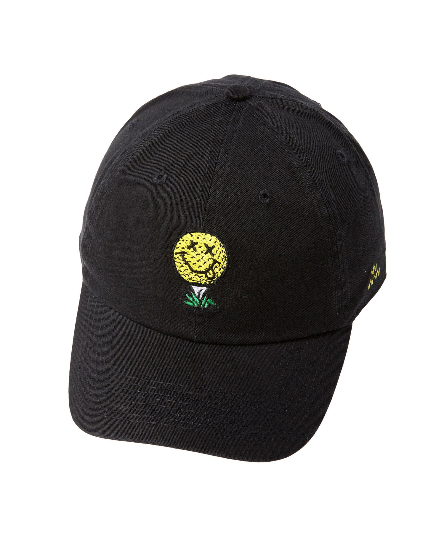 Black cotton cap featuring an embroidered smiley face golf ball on a tee design on the front panel.