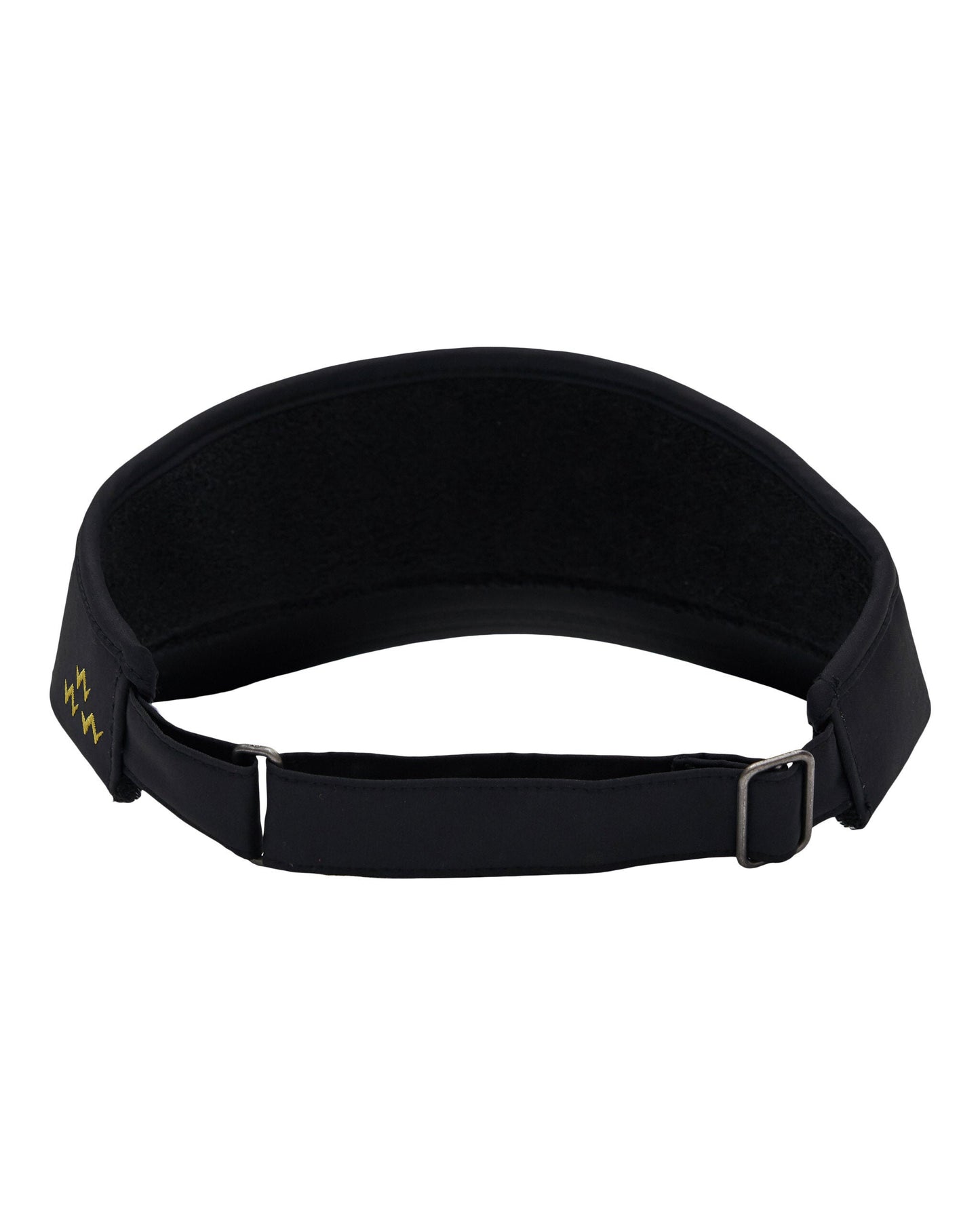 Back of black visor with an adjustable strap, silver buckle, and small yellow lightning bolt logo.