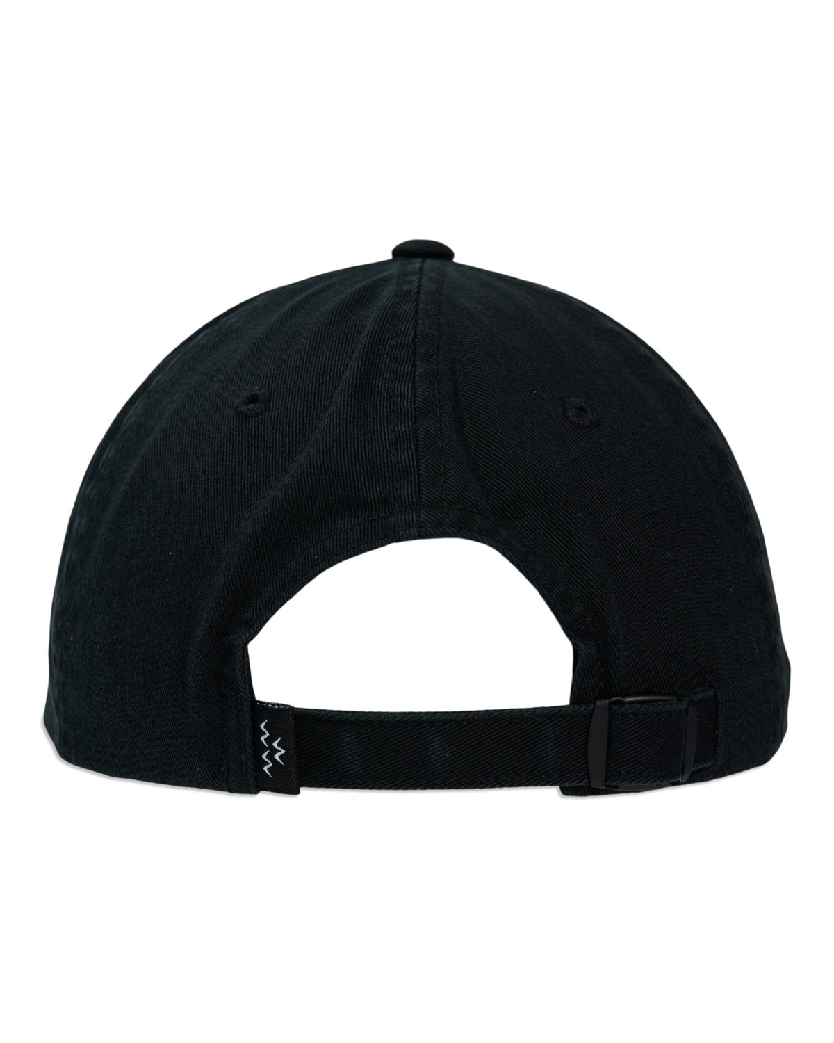Back of a black cotton cap featuring a strapback closure and a small woven label on the strap.