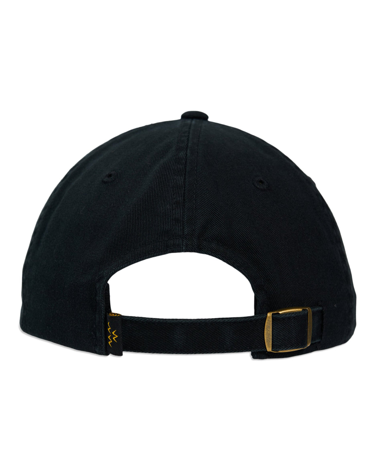 Back of a black cotton strapback hat featuring an adjustable back strap with a bronze buckle and an embroidered logo.