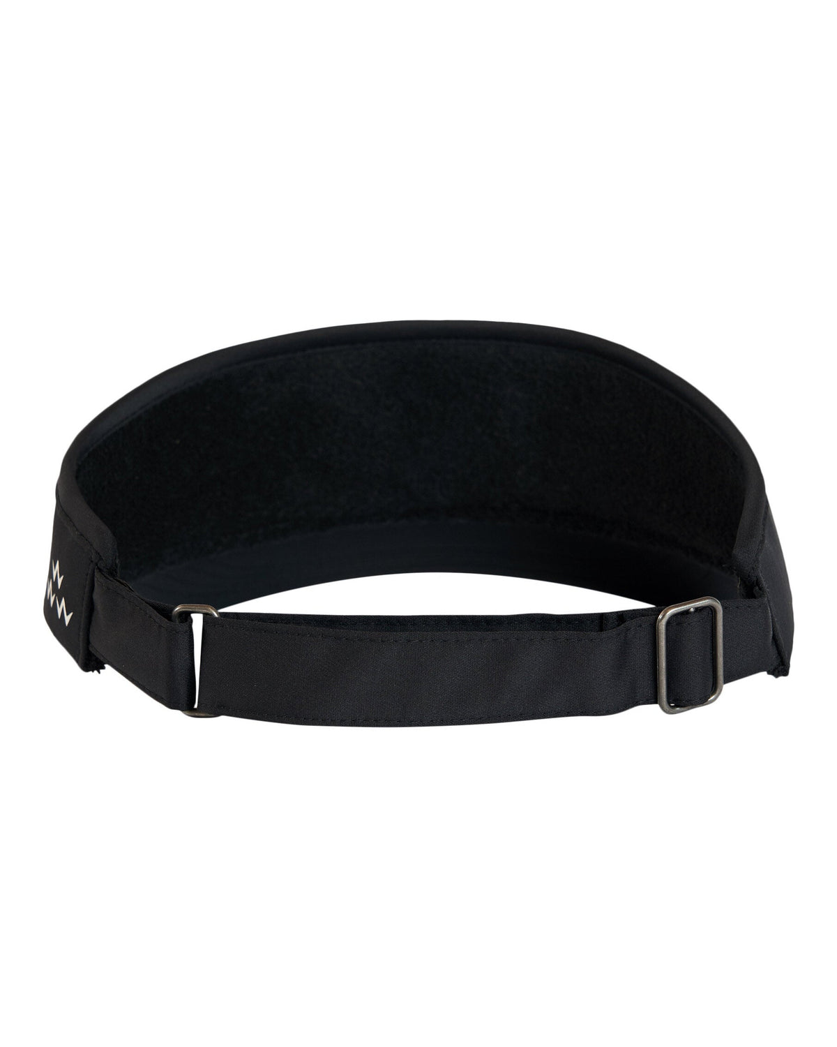 Back of a black visor featuring an adjustable strap with metal hardware and a small white graphic on the side.