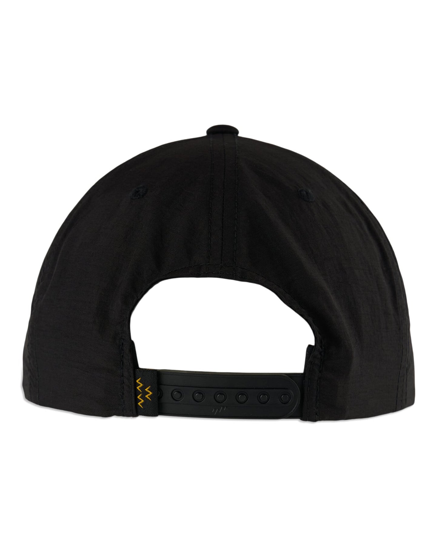 Back of a black nylon cap with an adjustable plastic snapback closure and small yellow zig-zag motifs.