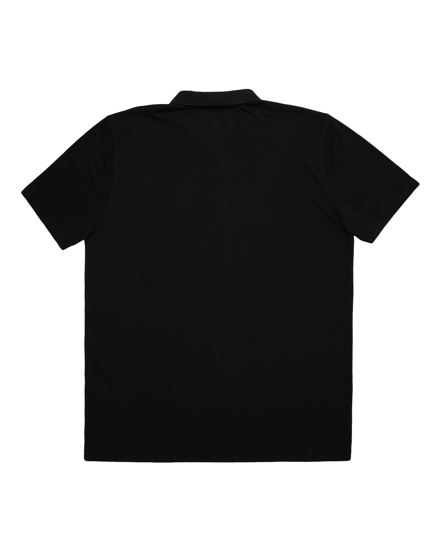 Back of a black polo shirt with short sleeves, a classic collar, and a plain solid back design.