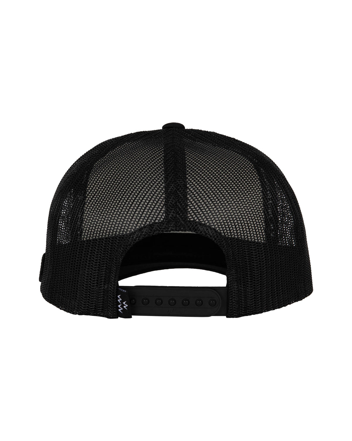 Back of a black mesh trucker hat featuring an adjustable plastic snap closure strap.