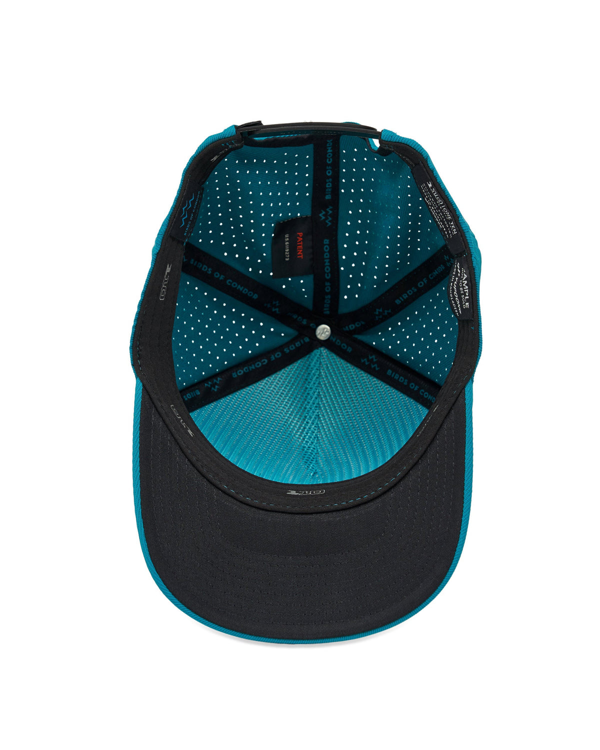Inside view of a teal snapback hat showing perforated ventilation holes and black inner taping.