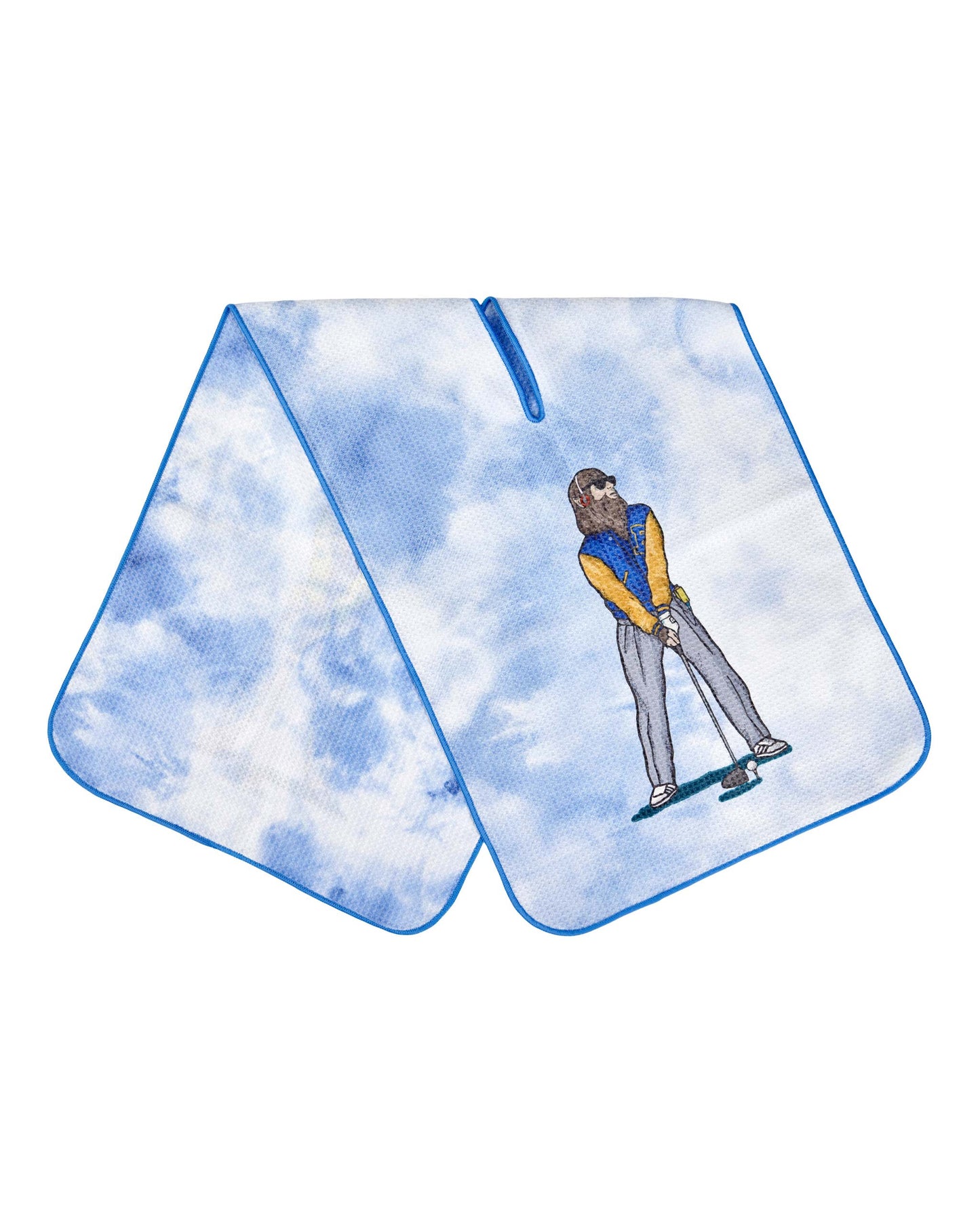 Blue and white tie-dye golf towel with a center hanging slit and a graphic of a bearded golfer.