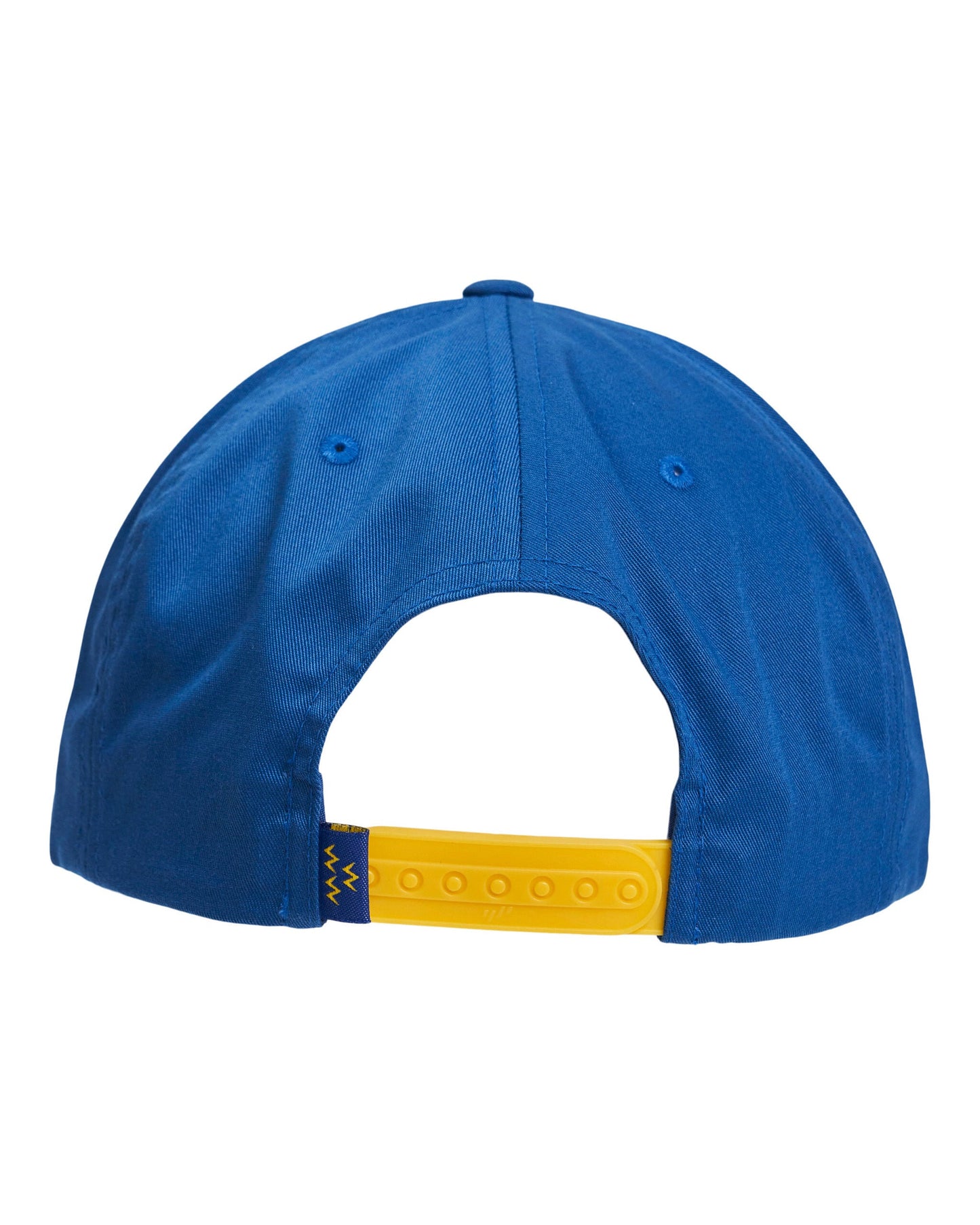Back of a blue snapback hat featuring a yellow plastic closure and an embroidered logo patch on the strap.