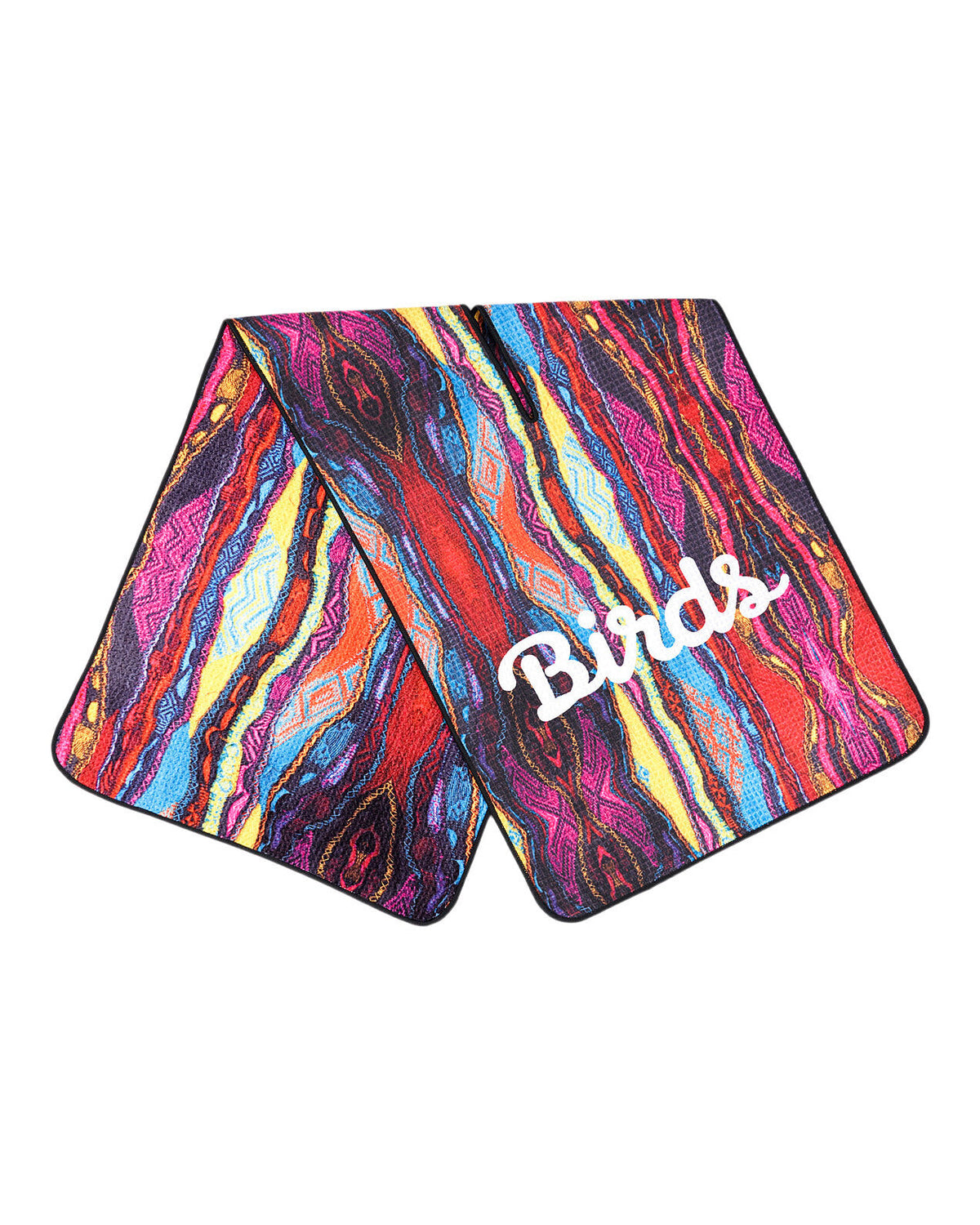 Flat-lay of a multi-coloured Coogi print microfiber golf towel with a white script Birds logo.