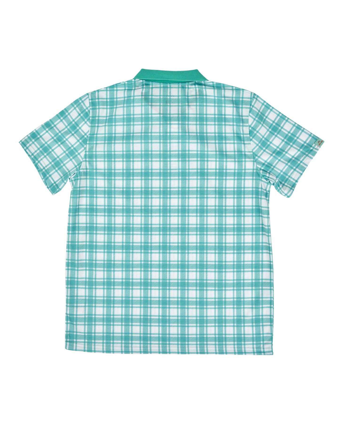 Back of a green plaid polo shirt with a solid green collar and short sleeves.