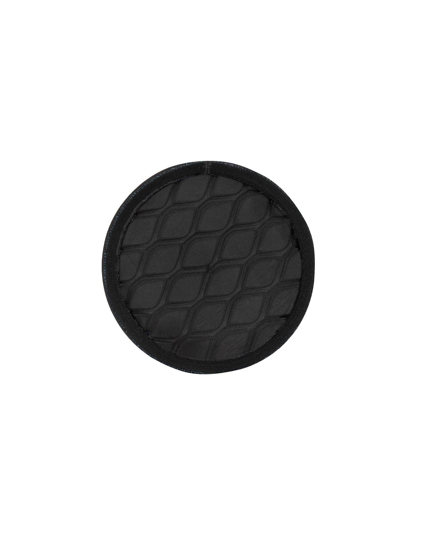 Detail of a black beer koozie featuring a quilted diamond pattern on the circular base.