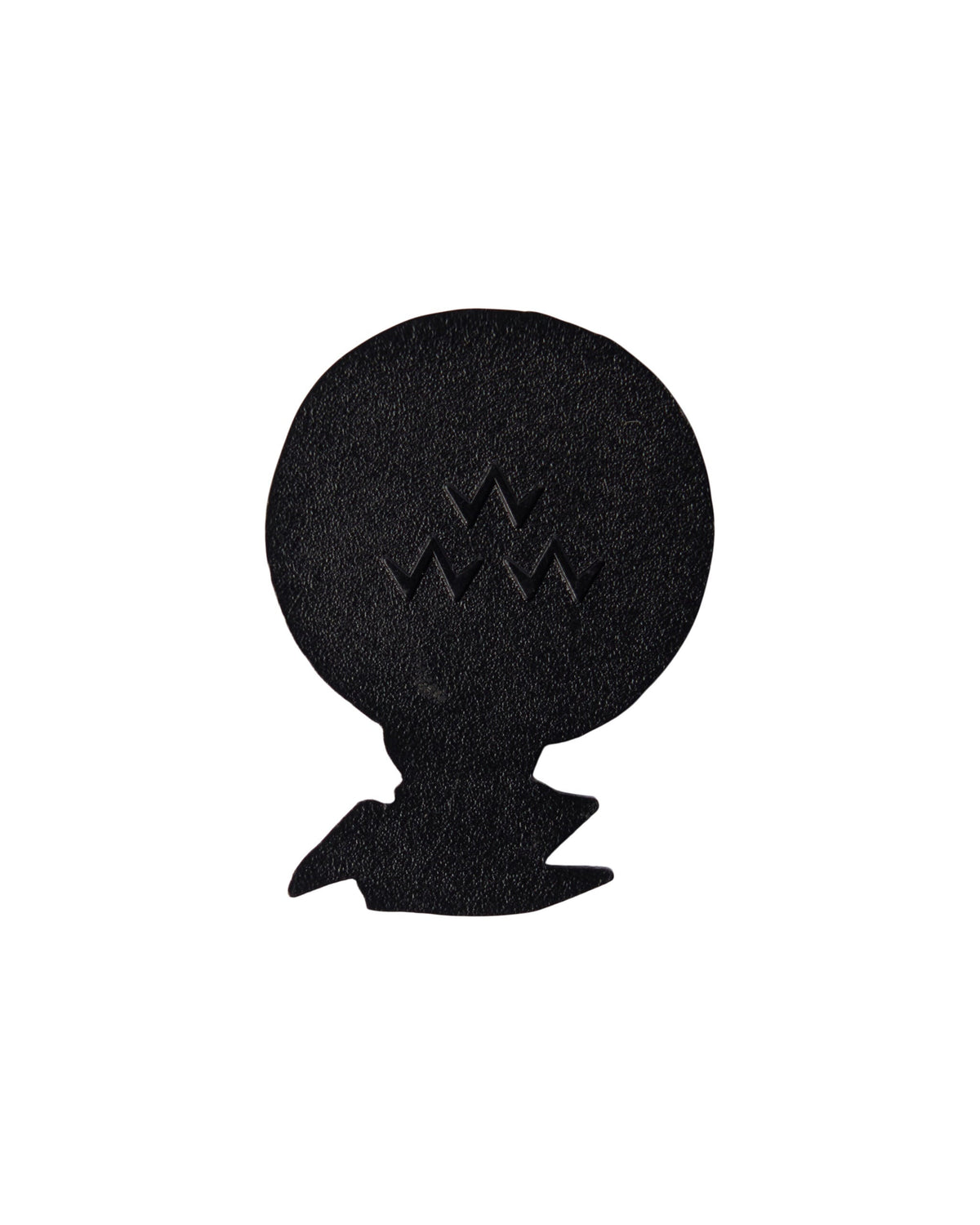 A black golf ball marker shaped like a ball on a tee with an embossed triple eagle logo design.