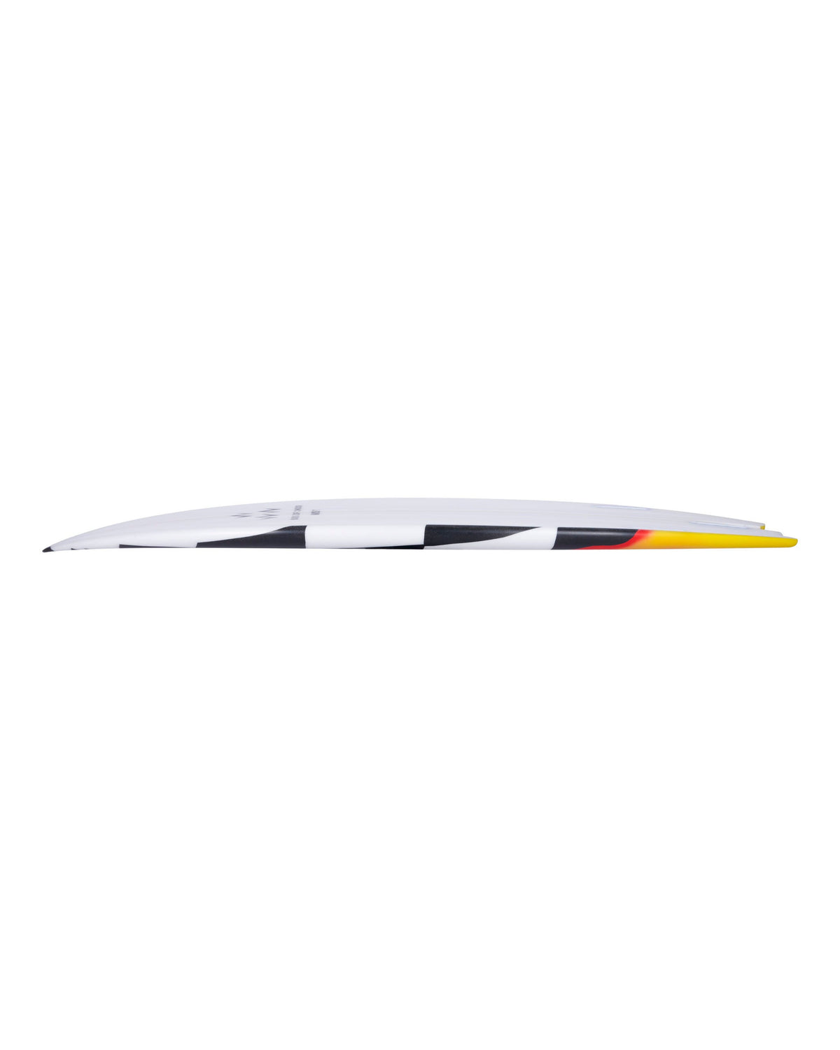Side profile of a white surfboard featuring a black checkerboard design and yellow tail accent.