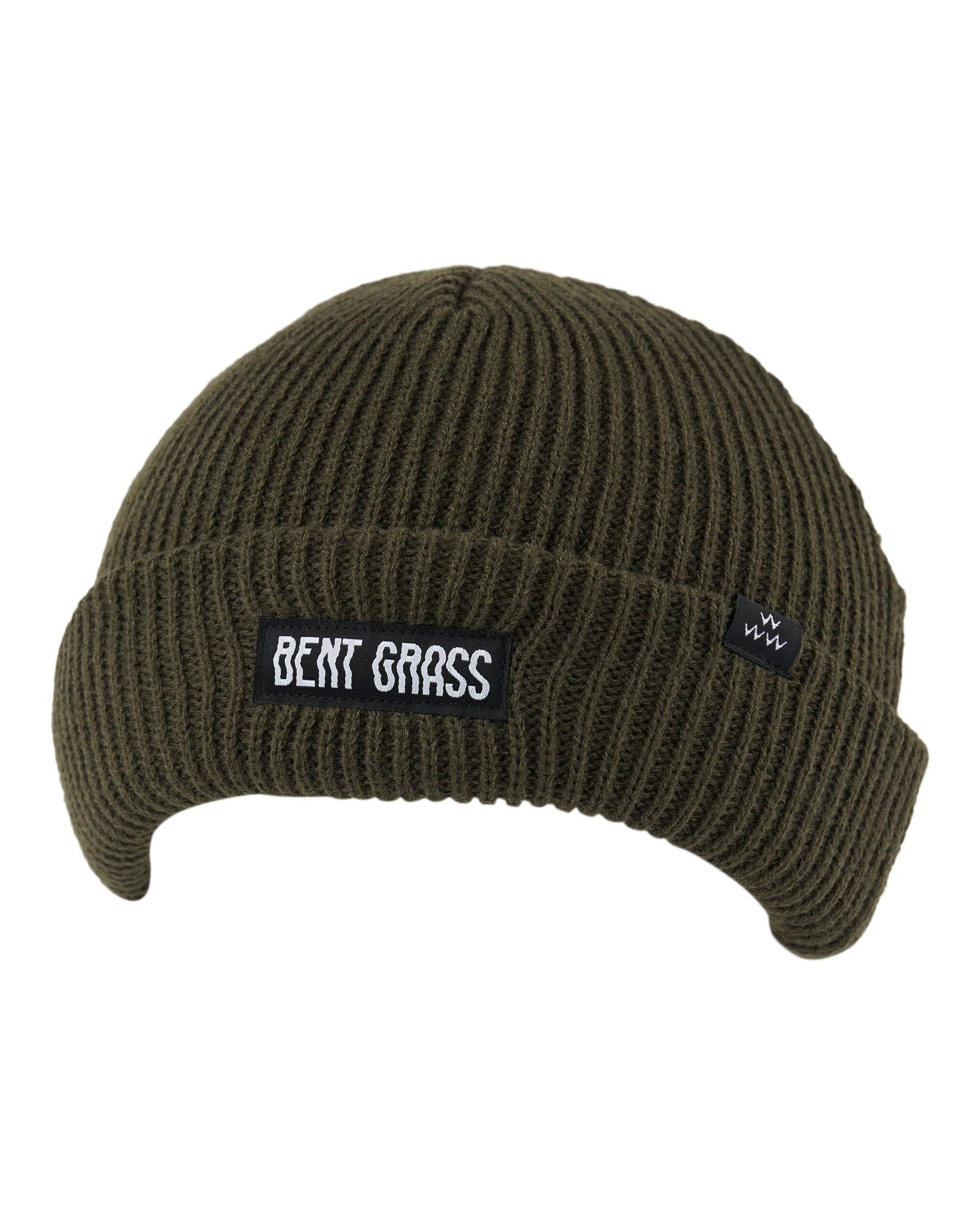Olive ribbed knit beanie with a folded brim, featuring a white text patch reading BENT GRASS.