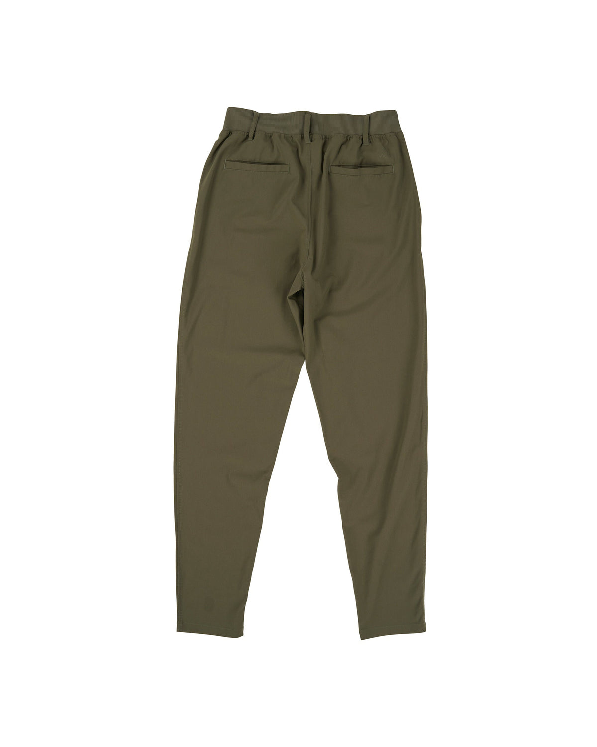 Back of army pants featuring an elastic waist with belt loops and two welt back pockets.