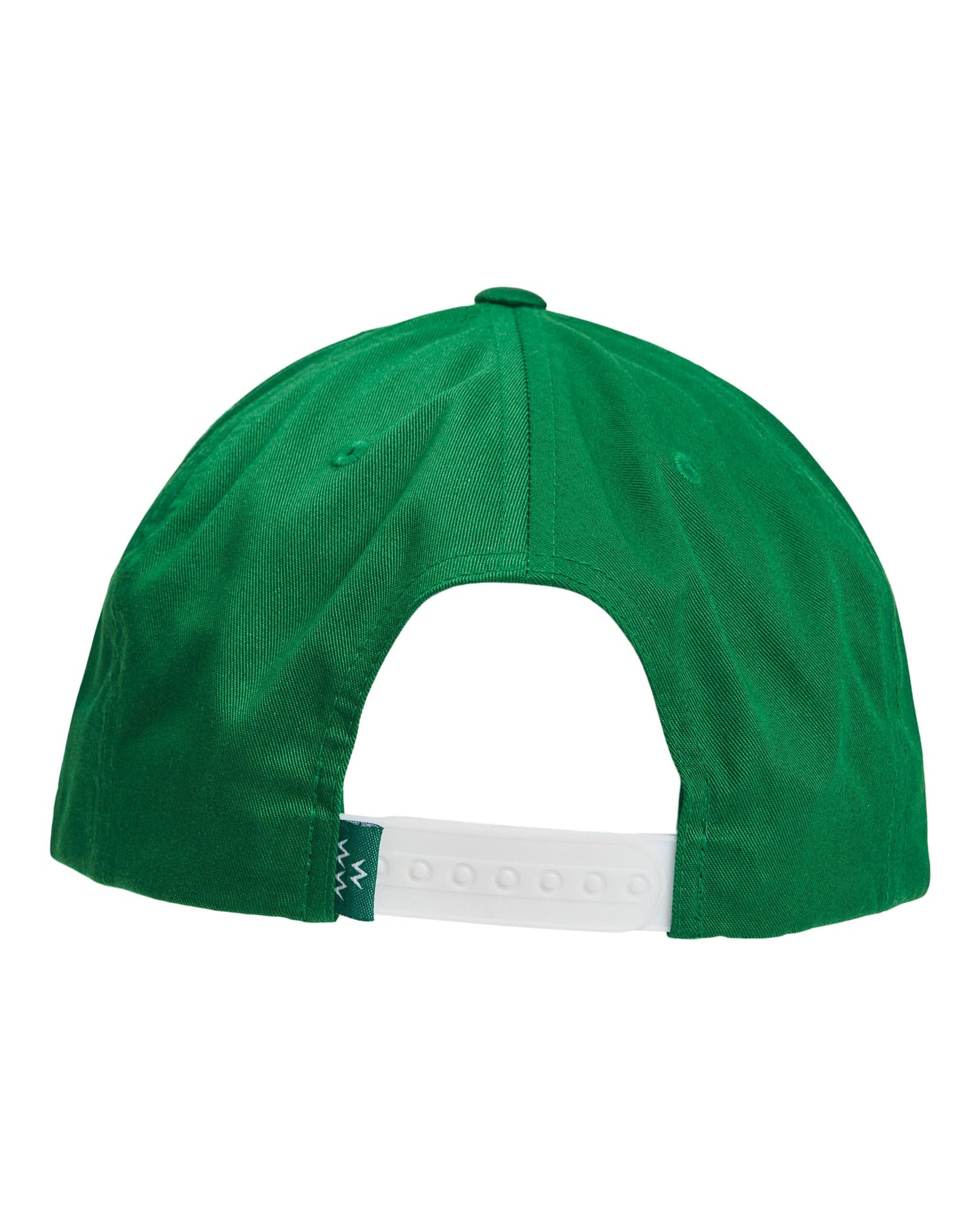 Back of a green snapback hat with a white plastic strap and small green woven label.