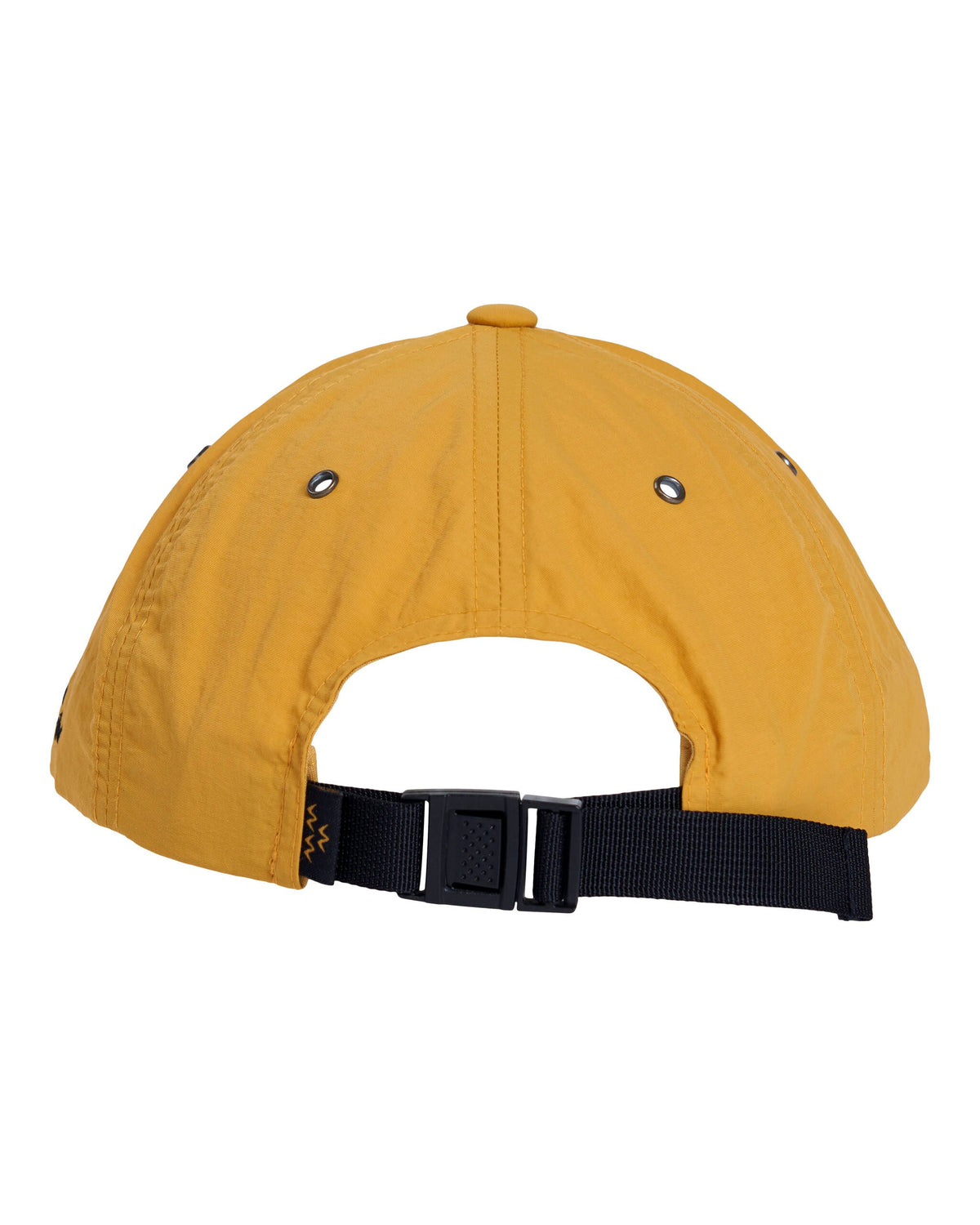 Back of a mustard nylon strapback hat with a black adjustable strap, buckle, and metal eyelets.