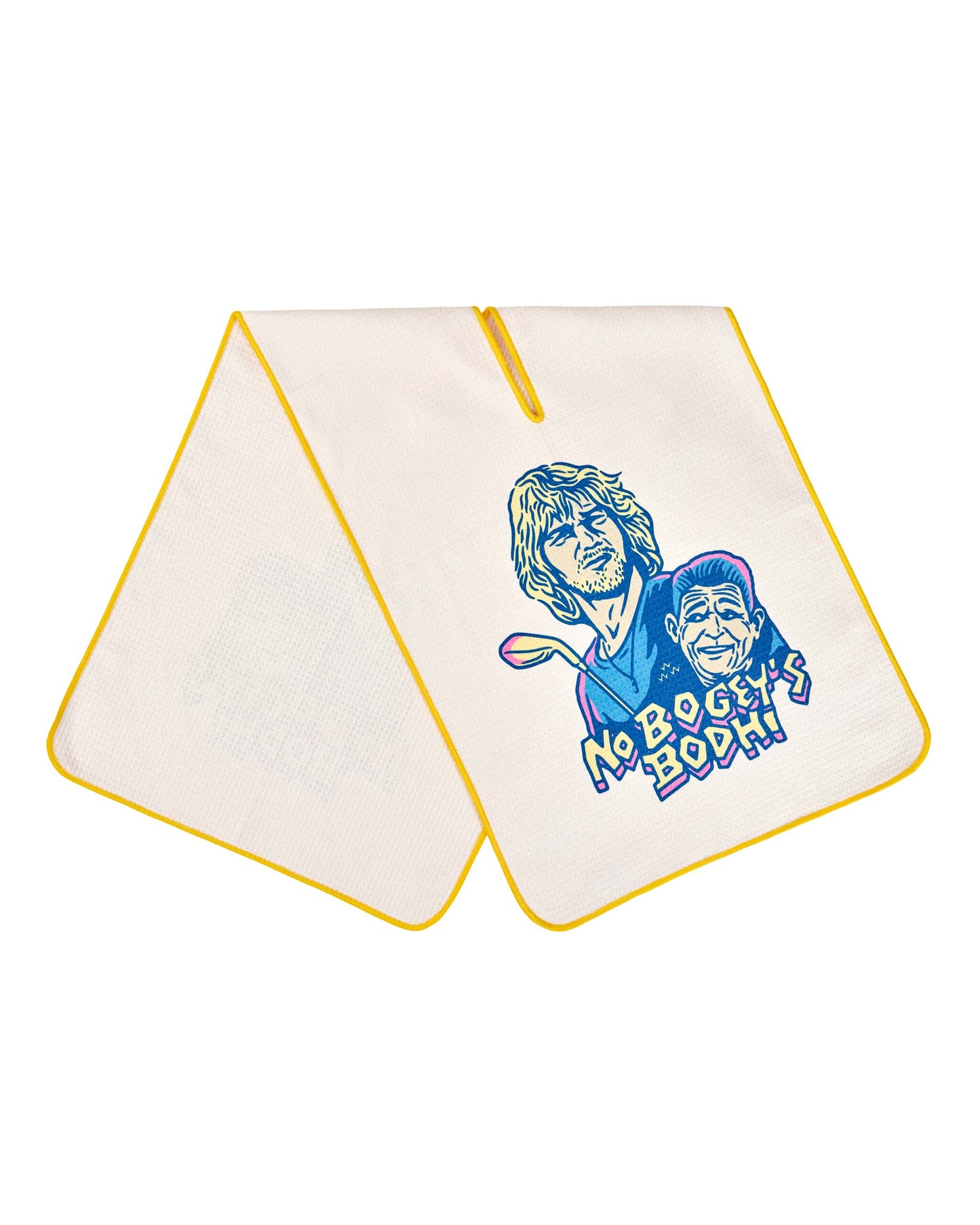A white golf towel with yellow trim, featuring a blue and purple graphic print of two men and text.