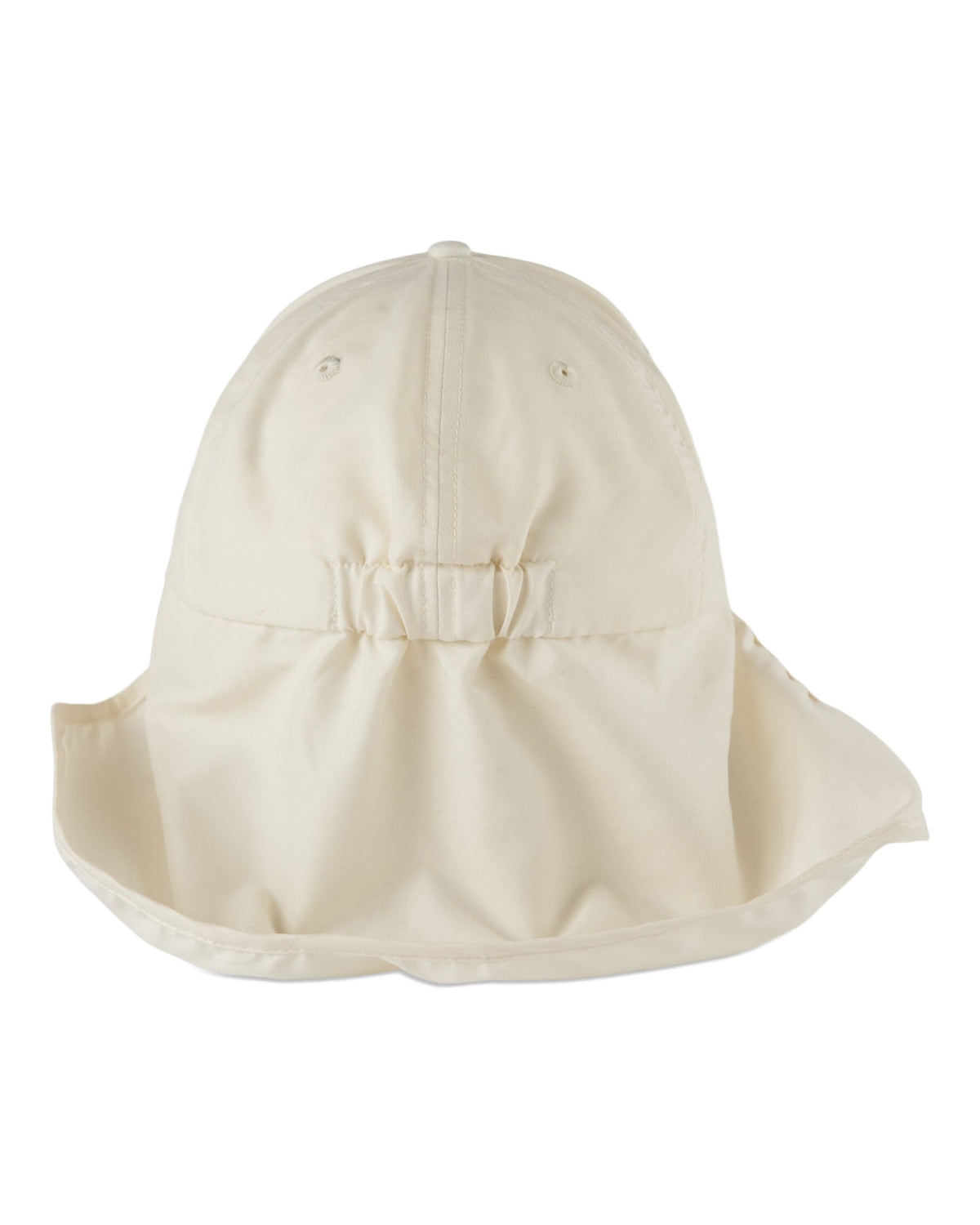 Back of an off-white legionnaire hat featuring an attached neck flap and an elasticated band.