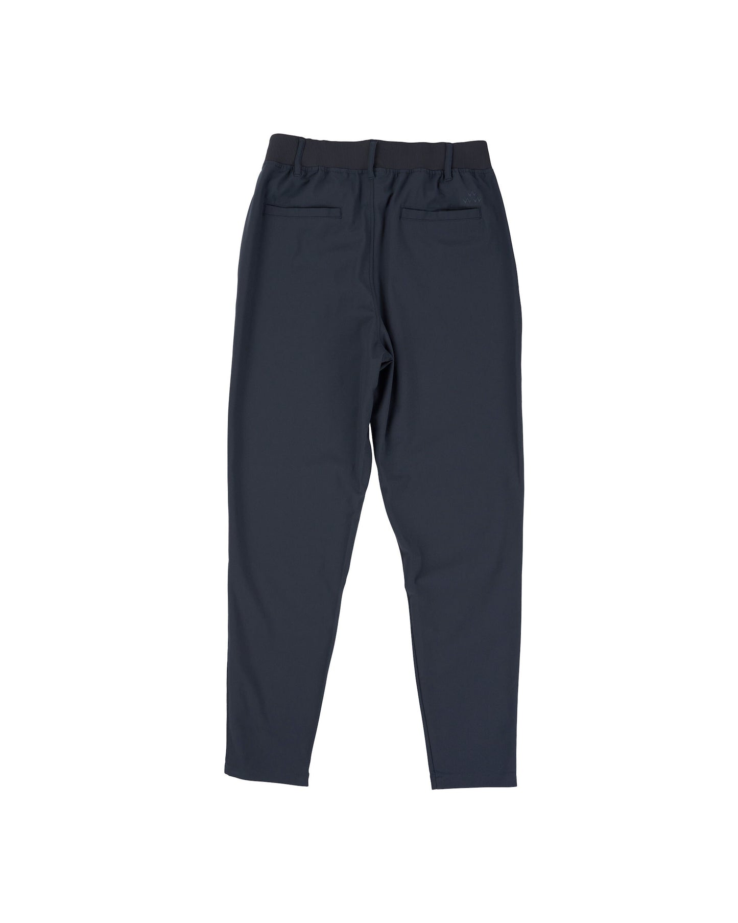 Back of navy stretch pants featuring an elastic waist, belt loops, and two rear welt pockets.