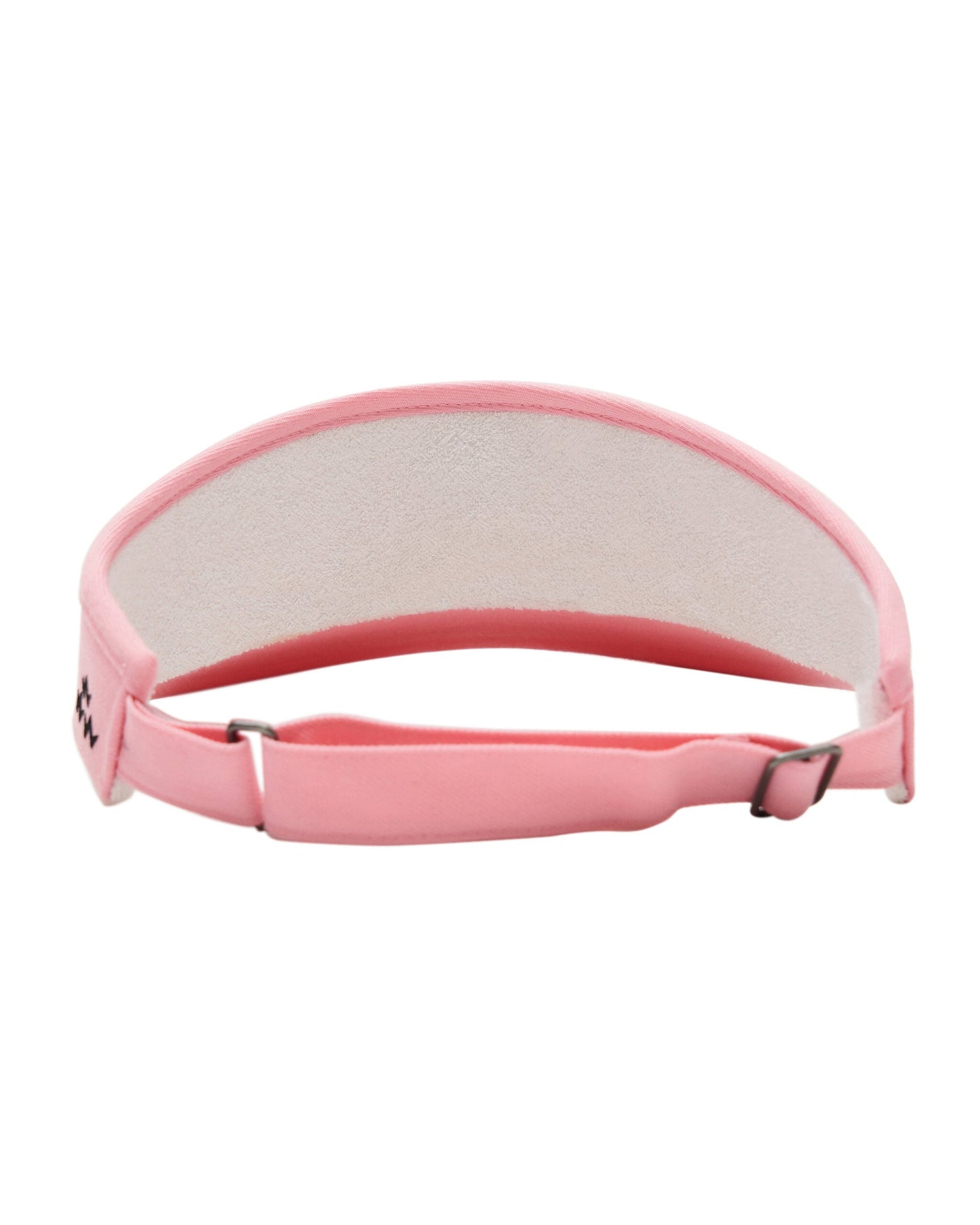 Back of a pink visor featuring an adjustable strap with dark metal slide buckles and a white interior.