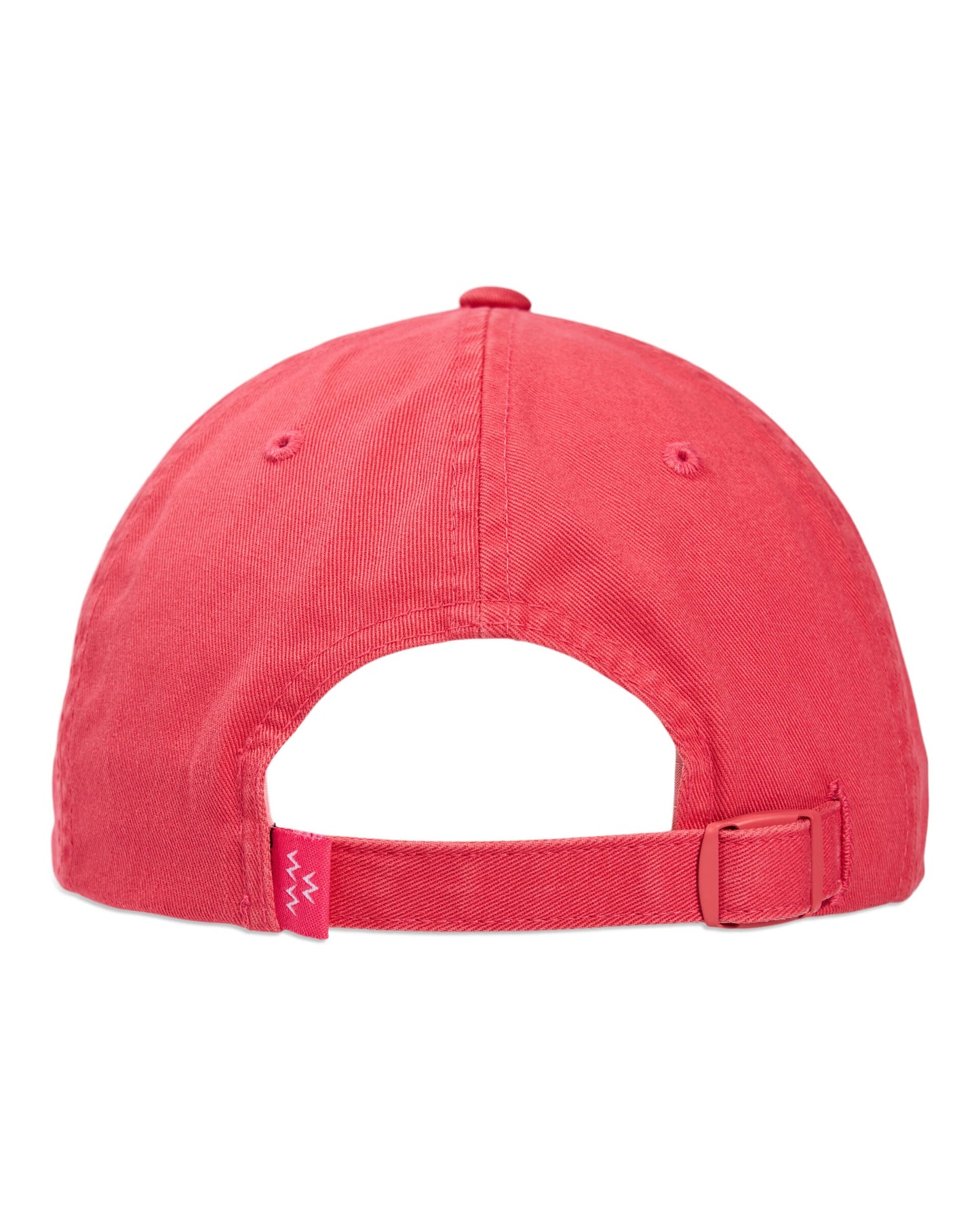 Back of a pink cotton cap with an adjustable strap and a small pink tag on the back strap.