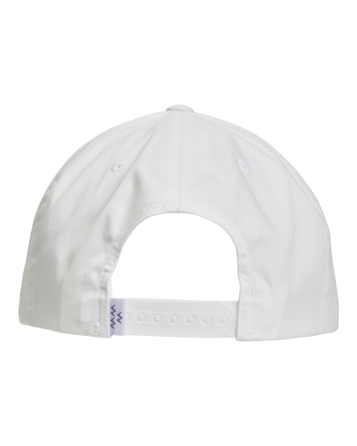 Back of a white snapback hat with an adjustable strap and a small purple patterned tab on the closure.