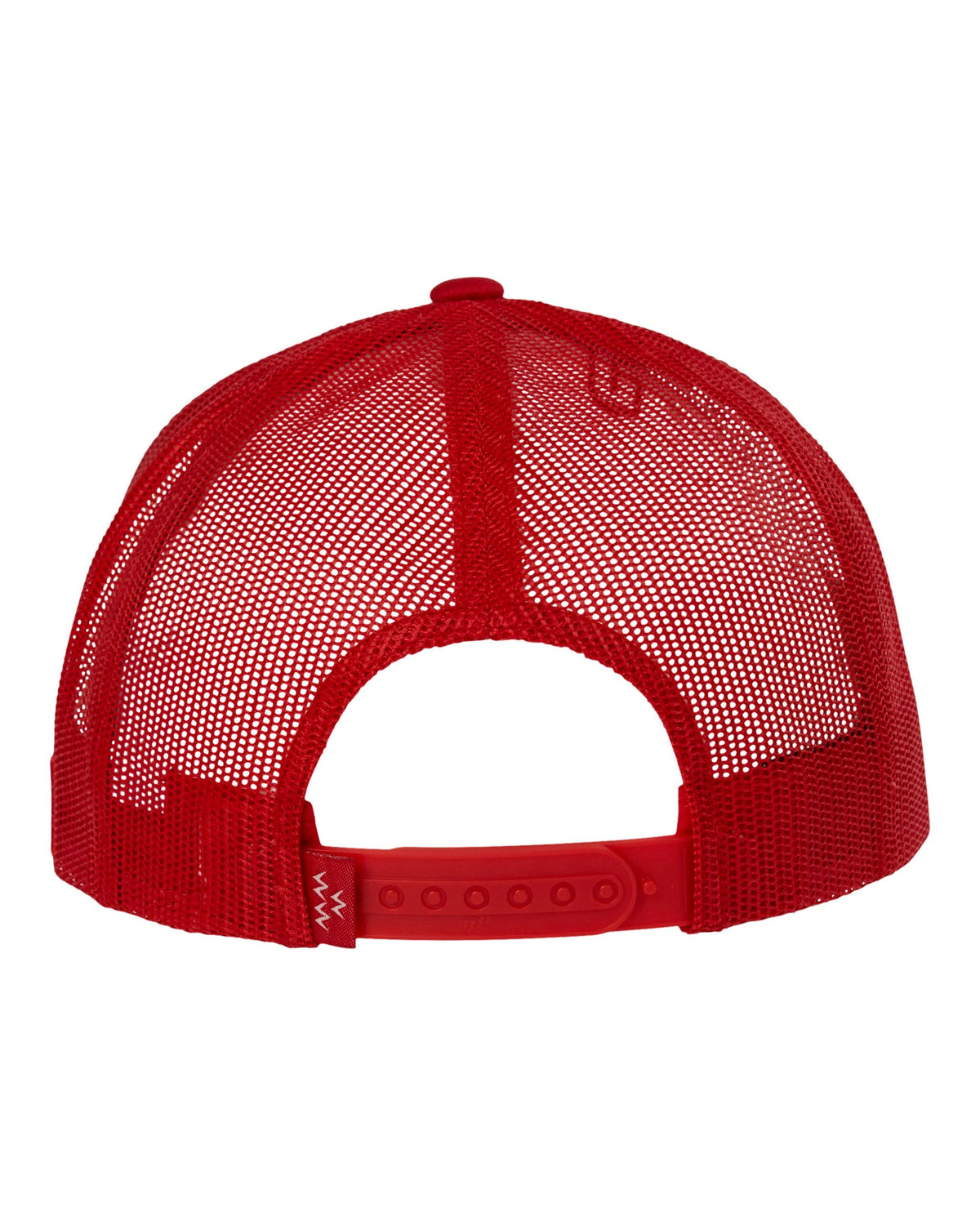 Back of a red trucker hat with mesh panels and an adjustable plastic snapback closure.