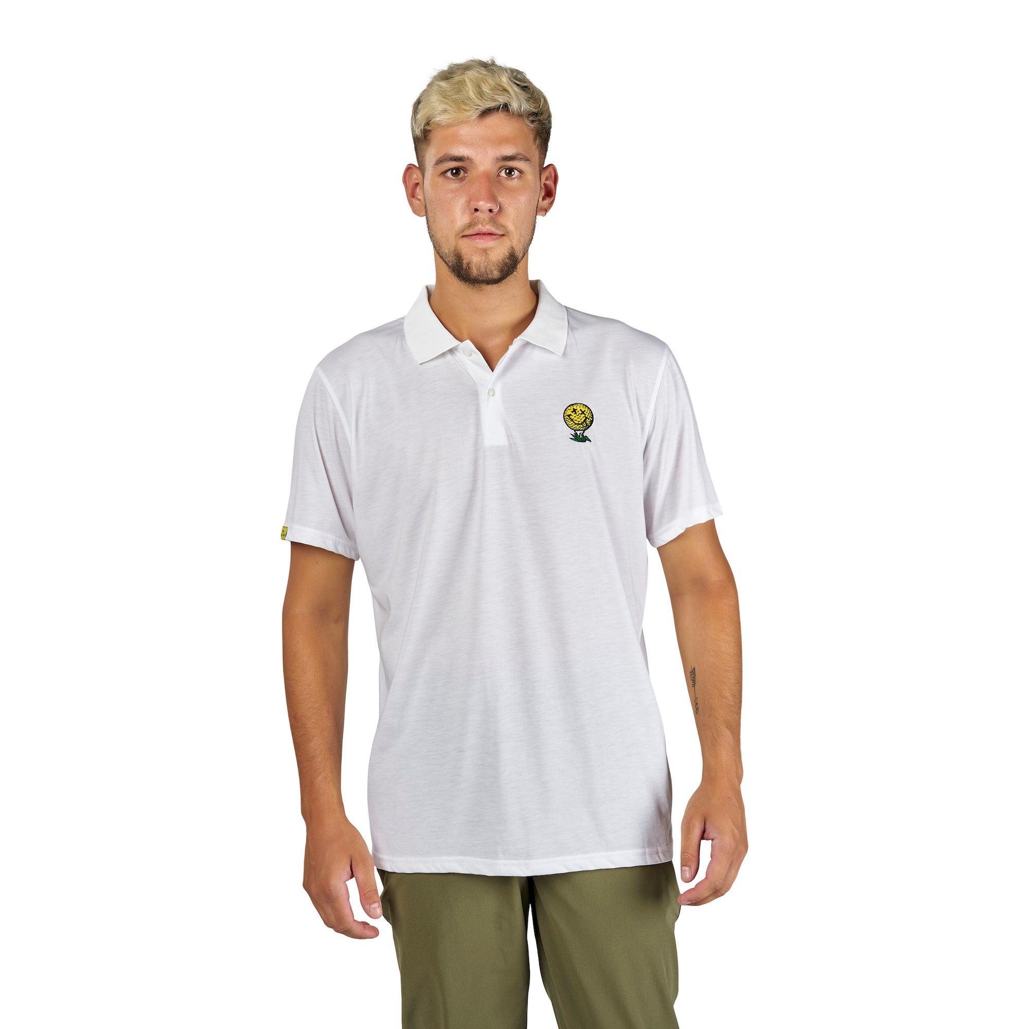 One of the most loved Birds of Condor pop culture mashups is back in ...white.  The best white golf polo shirt you can get your hands on in 2022 is super cool to wear on the hottest days and features the neverfind golf ball character.  Made from tech drirelease fabric that won't quit.